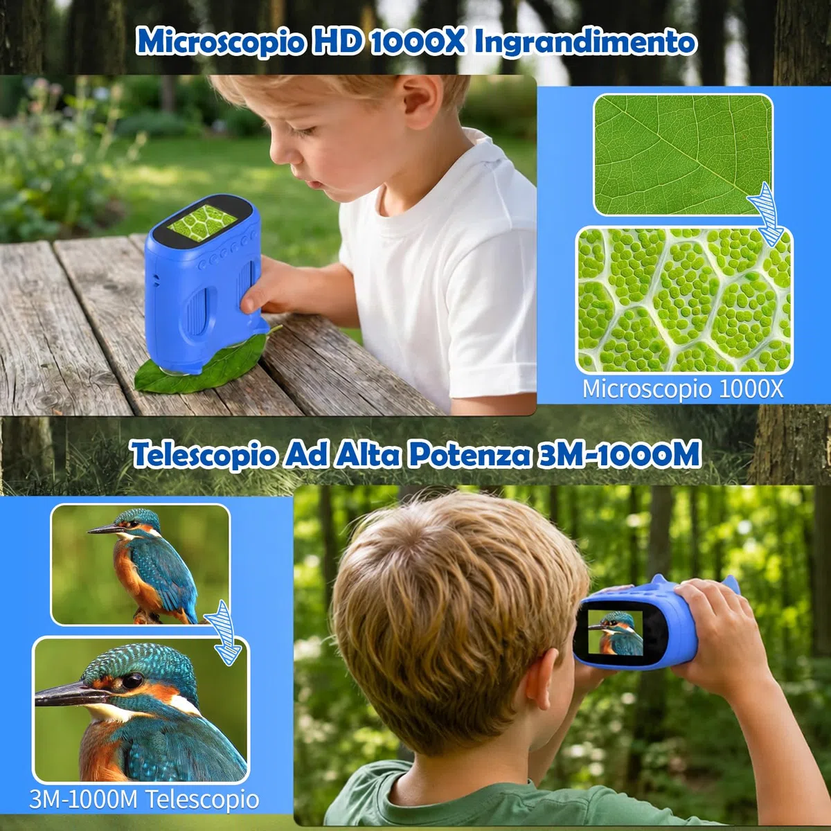 Microscopio Bambini 2 in 1 per Bambini e Binocolo, HD IPS da 2,0", 1000x, 8 LED, 1080P, Microscopi Adatti a Bambini e Bambine dai 3 Anni in Su, Blu