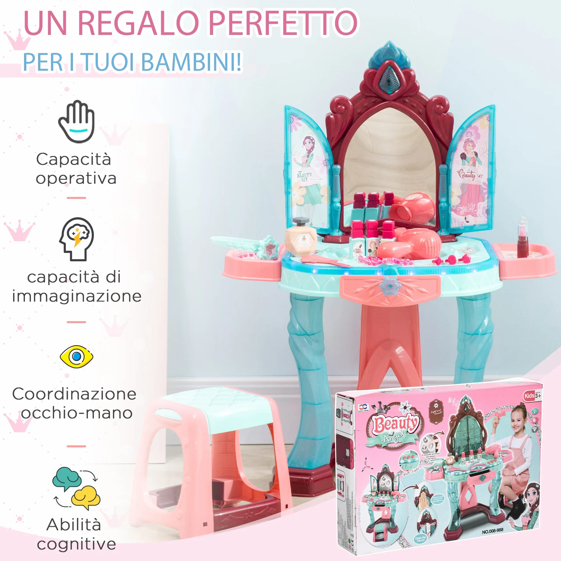 AIYAPLAY Set Tavolo Toeletta con Sgabello per Bambini da 3-6 Anni, Postazione Trucco Bambina con Luci e Musica, 31 Accessori di Bellezza Inclusi