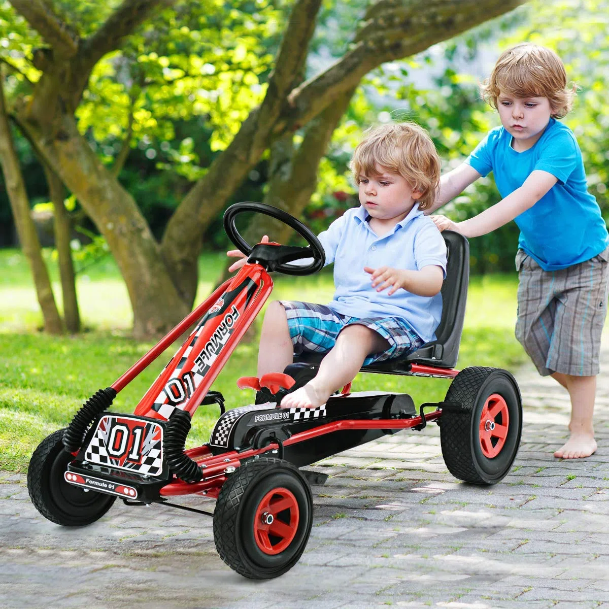 COSTWAY Go Kart a Pedali per Bambini 3-8 Anni, Sedile Regolabile, Freno a Mano, Portata 30 kg, Rosso