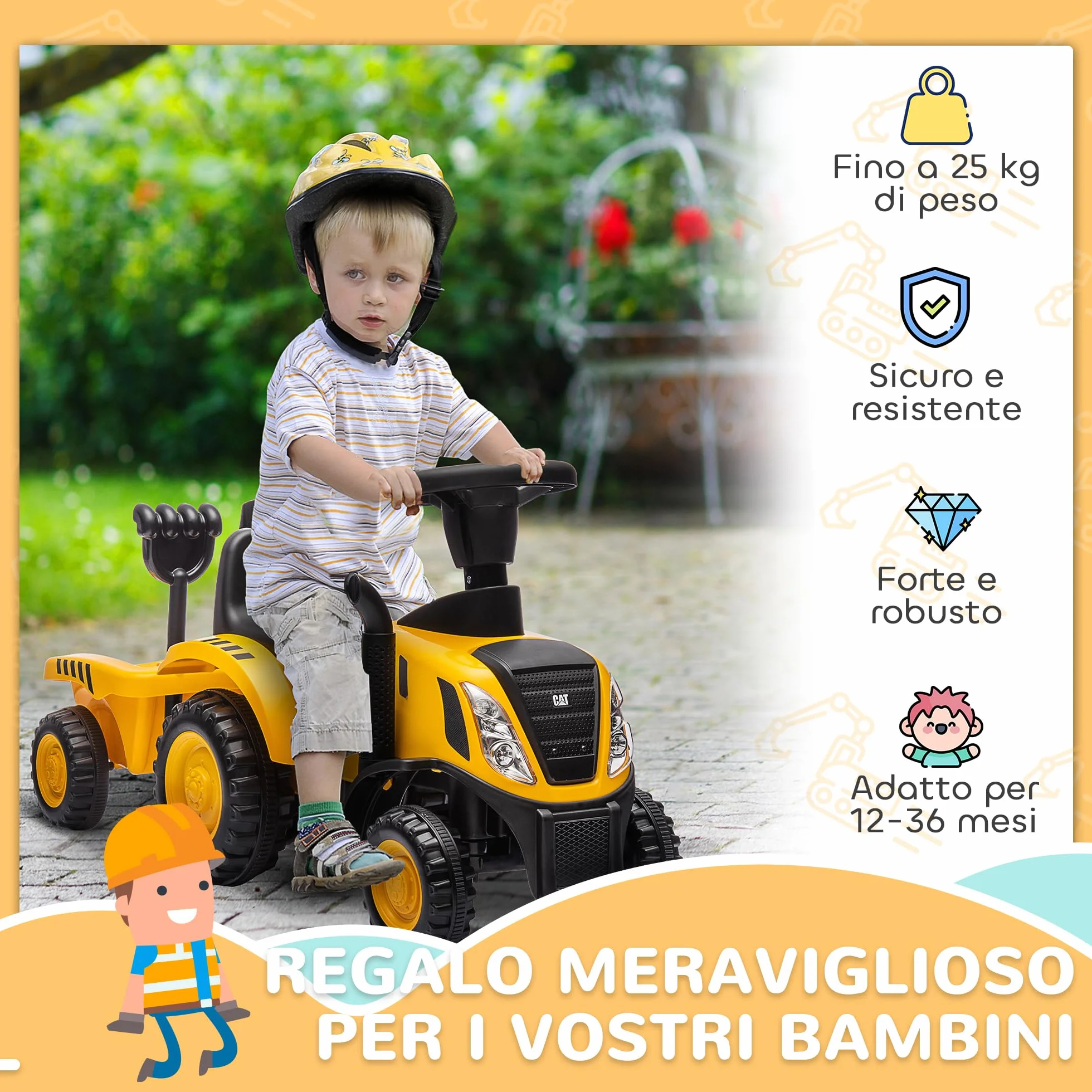 AIYAPLAY Camion Giocattolo per Bambini 12-36 Mesi con Pala e Rimorchio Integrati, Escavatore per Bambini Cavalcabile in PP e Metallo, 91x29x44 cm, Giallo