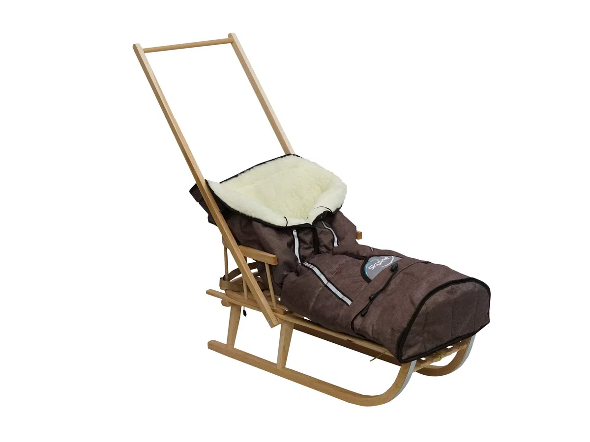 Slittino in legno per bambini con schienale Slitta Davoser in legno, con cintura di sicurezza schienale, pusher, e Sacco a Pelo Invernale Universale - Natur/braunes Leinen