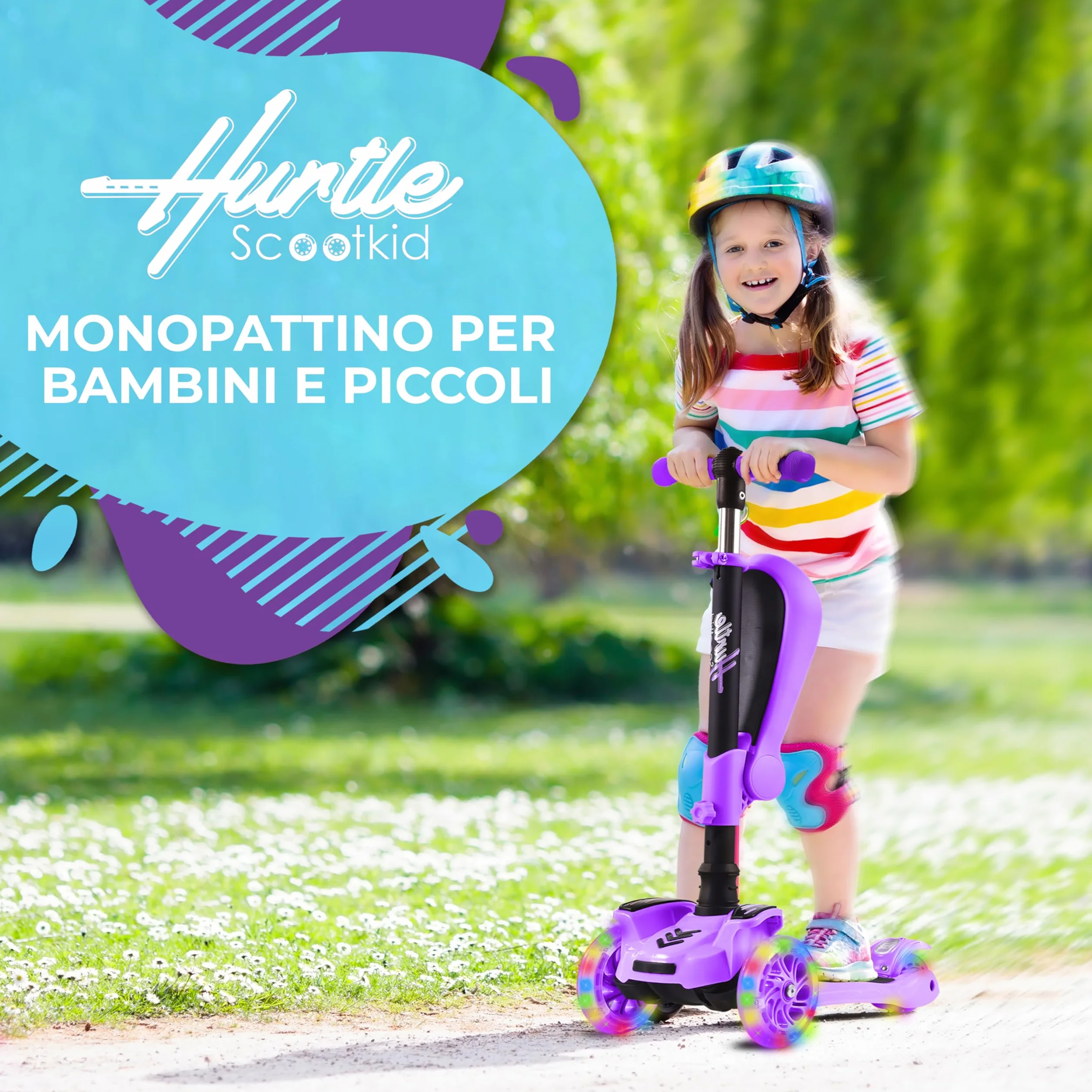 Hurtle Monopattino Bambino, Monopattino Bambina, Monopattino a 3 Ruote, Regolabile in Altezza con Sedile Pieghevole, Scooter per Bambini e Bambine con Ruote LED Multicolore, Dai 1 ai 14 Anni