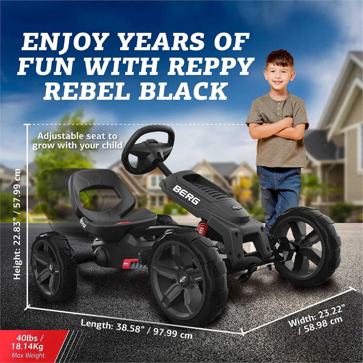 BERG Reppy Rebel Black Go-kart a pedali per bambini 2,5-6 anni Sedile regolabile Assale oscillante Ruote EVA anti-foratura Telaio leggero