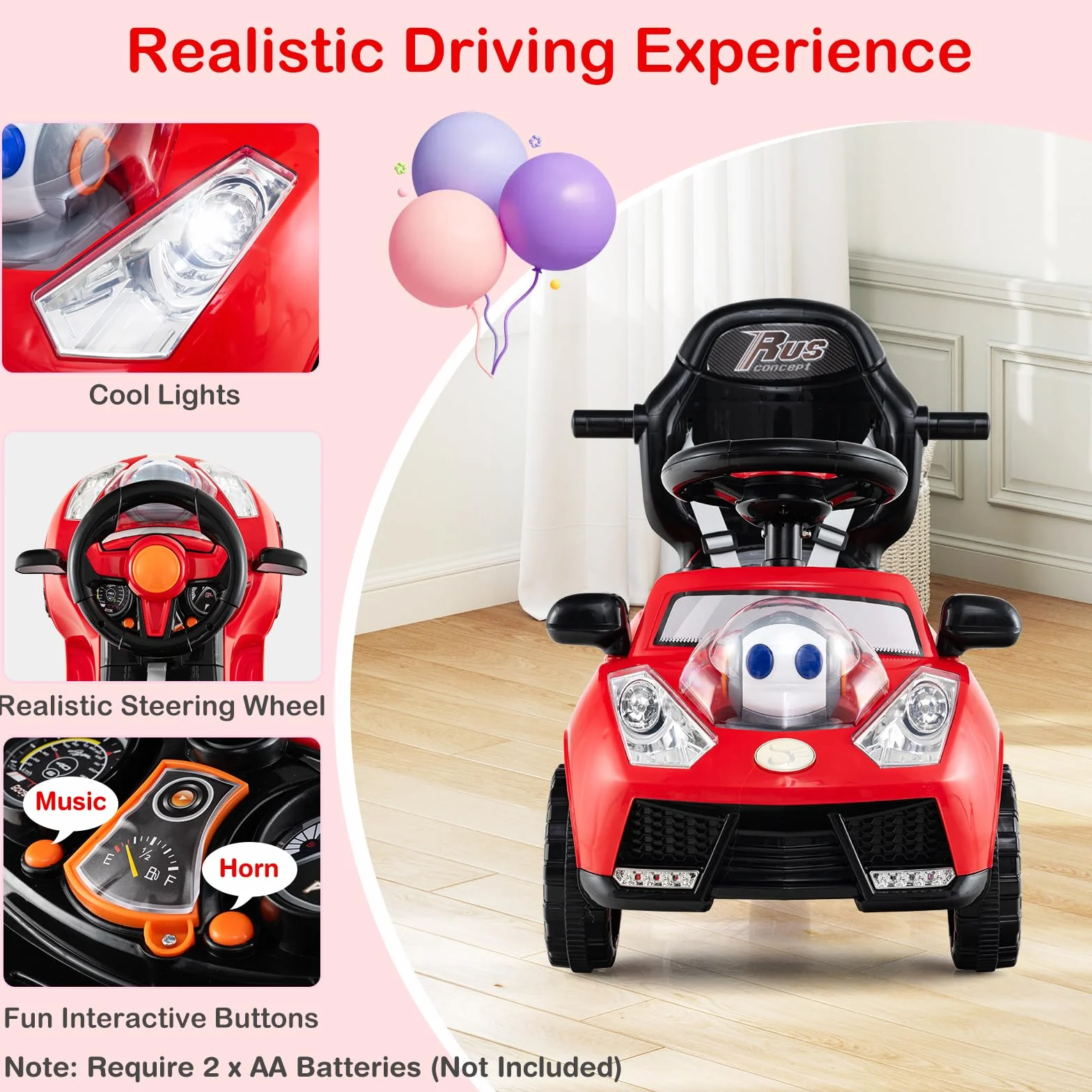 SOARS Macchina Cavalcabile per Bambini 1-3 Anni, Cavalcabile Bambino 3 in 1, Carpot & Maniglia Rimovibili, Guida Realistica con Volante, Clacson, Musica, Carico 25 KG, Regalo Ragazza Ragazzo (Rosso)