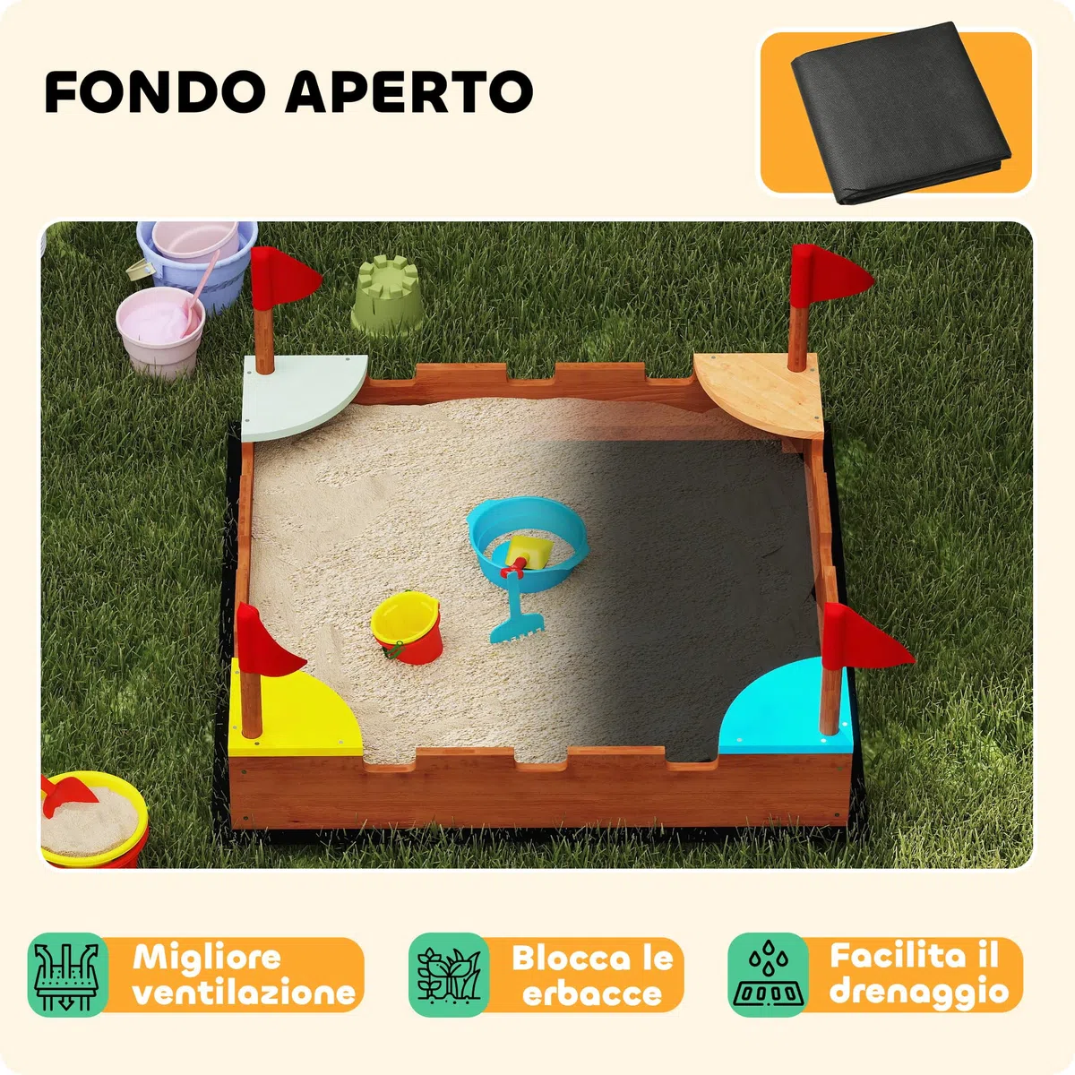 AIYAPLAY Sabbiera per Bambini 3-7 Anni a Forma di Castello con 4 Sedute con Bandierine, Sabbionaia per Bambini in Legno di Abete, 90x90x17 cm, Multicolore