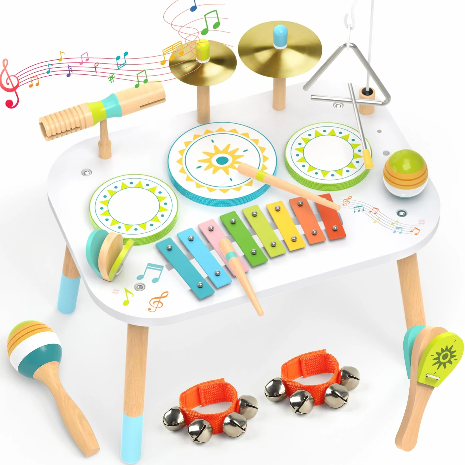 Batteria 12‑in‑1 Bambini 1‑3 Anni, Tavolo Strumenti Musicali Bambino, Giocattoli Legno Montessori con Xilofono, Bonghi, Piatto, Maracas & Campanelli da Polso, Regalo Bambino Bambina Bambina 1 2 3 Anni