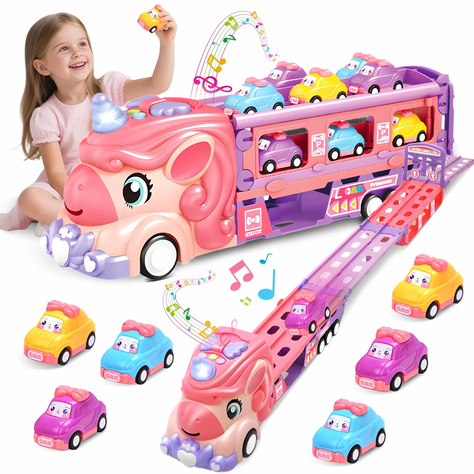 RoserRose Camion Giocattolo per Bambini, Unicorno Camion Porta Macchinine con 6 Mini Cars, Luci e Musica, Regalo Bambina 2 Anni, Macchina Giocattoli per Bambina 2 3 4 5 6 Anni