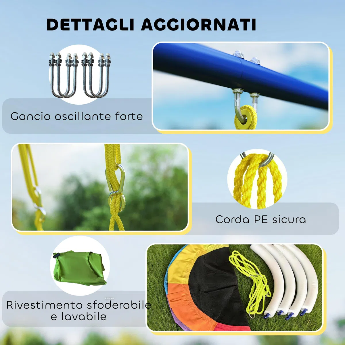 AIYAPLAY Set Altalena da Giardino 4 in 1 per Bambini con 2 Altalene, Canestro da Basket, Porta da Calcio, Supporto ad A in Acciaio, Capacità 150 kg, per Uso Esterno, 3-8 Anni, 288x160x220 cm