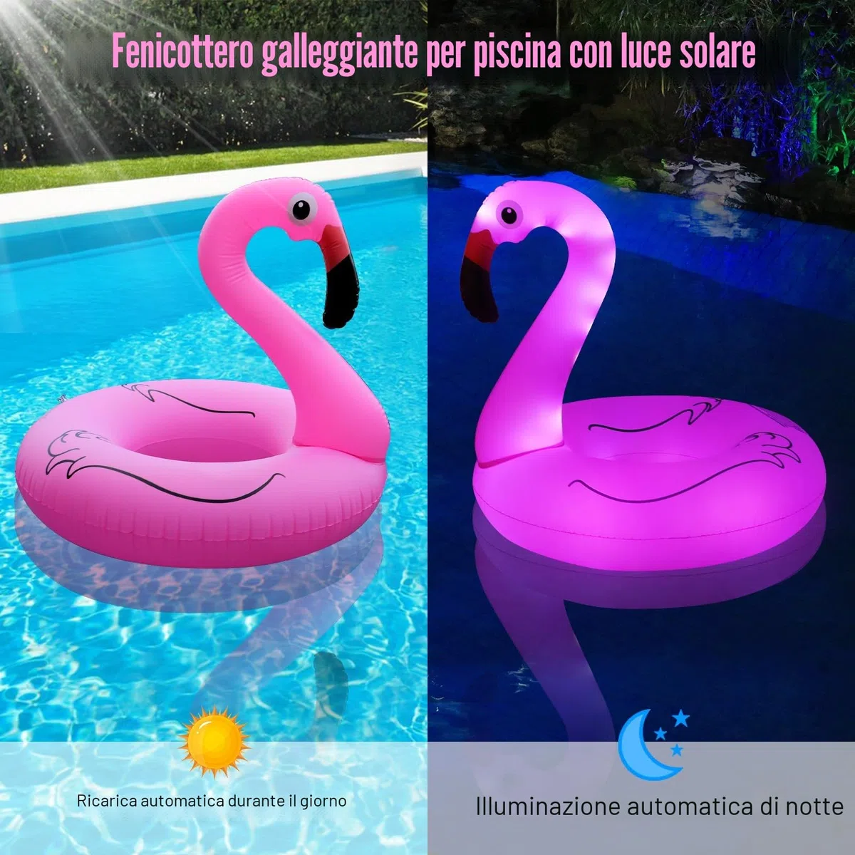 DeeprBling Fenicottero Gonfiabile Piscina con Luce Solare, Galleggiante Fenicottero Gonfiabile per Piscina, Salvagente Gonfiabile per Adulti, Fenicottero Gonfiabile Grande per Mare (106x106x100 cm)