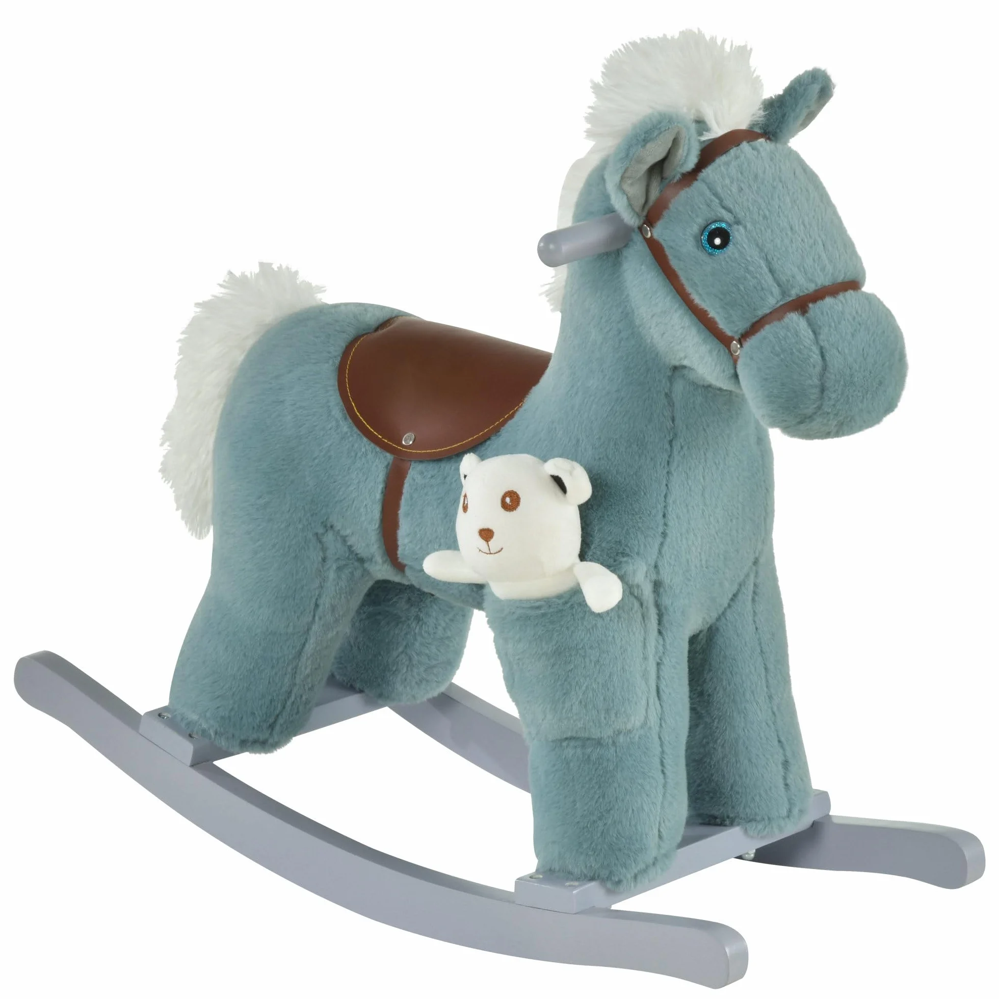 HOMCOM Cavallo a Dondolo per Bambini in Peluche e Legno con Suoni e Orsetto Incluso, per Bimbi da 18-36 Mesi, 65x26x55cm, Blu