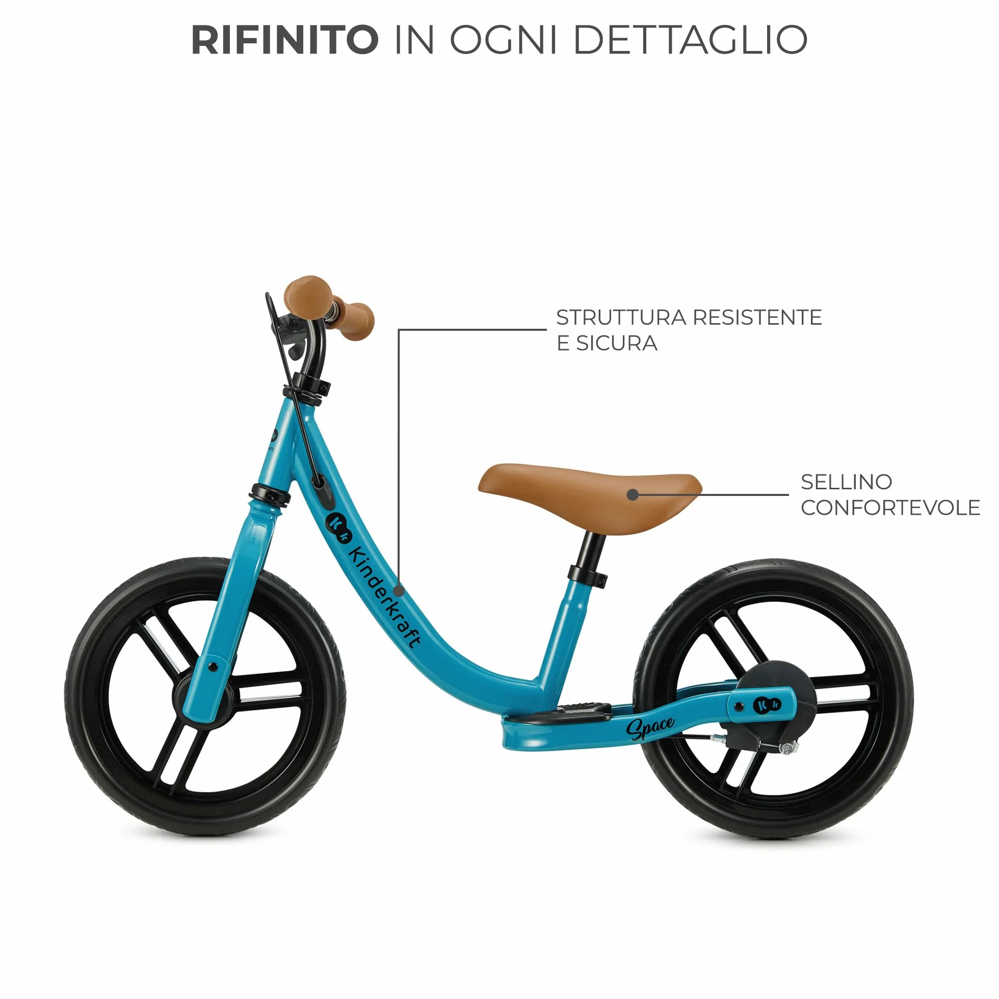 Kinderkraft SPACE2 Bicicletta bambini 3-5 anni, Bici senza pedali, 12 polici ruote, Design sportivo, Regolazione della sella, Montaggio facile, Struttura leggera