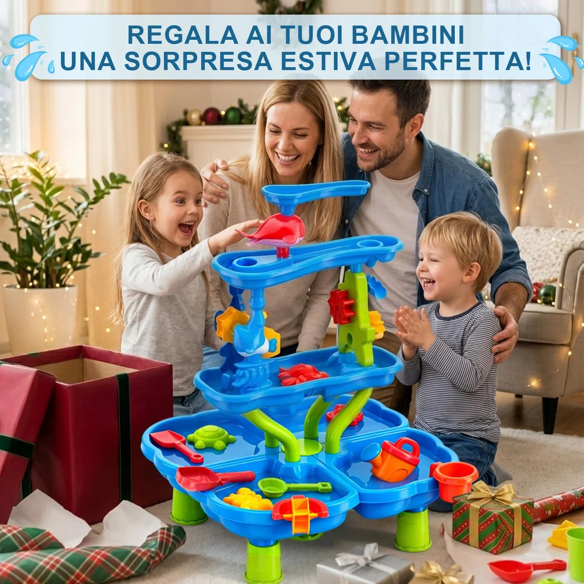 Tavolo Acqua Bambini, Tavolo Sabbia e Acqua a 4 Livelli con Accessori per Sabbiera, Grande Tavolo d’Acqua per Giardino, Spiaggia ed Estate, Giocattolo d’Acqua per Bambini dai 3 Anni