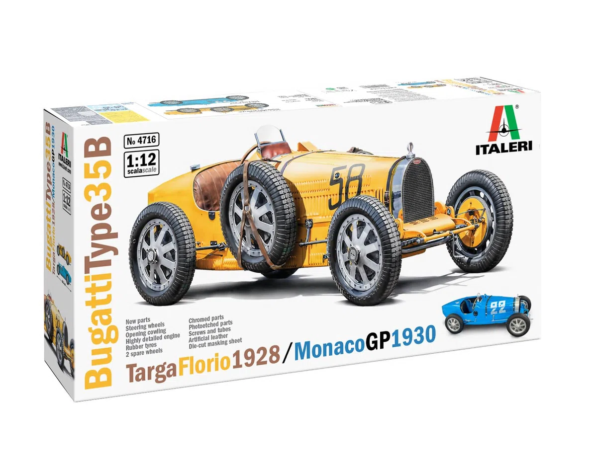 Italeri 4716 Bugatti Type 35B - Targa Florio '29 / Monaco GP '30, scala 1:12, Plastic Model Kit/Modello in plastica da montare