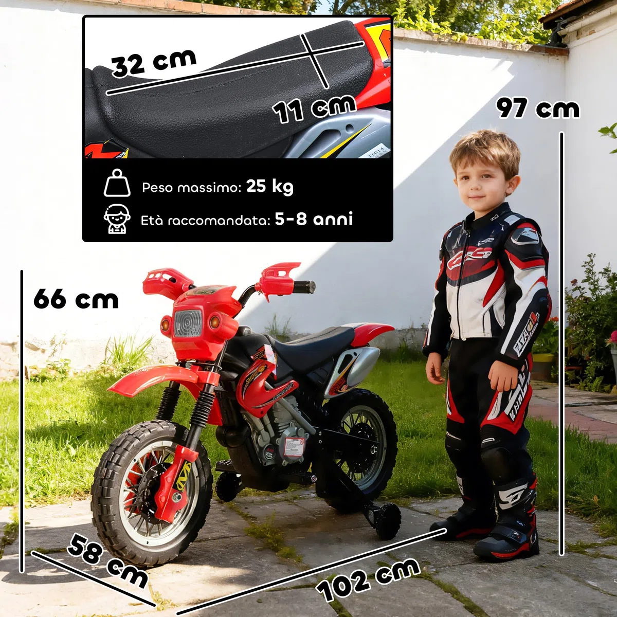 HOMCOM Moto Elettrica per Bambini 3-6 Anni, Moto Cross in Plastica PP con Ruote, Fari e Musica, 102x58x66 cm, Rosso e Nero