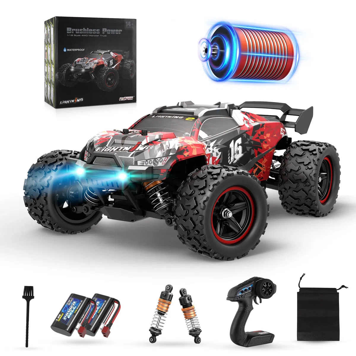 Herenear Auto Telecomandata, 60 Km/h Macchina Telecomandata, 1:18, 2.4Ghz, Motore Brushless, 4WD RC Drift Car con Luci, 40 minuti All Terrain Offroad Telecomandata Auto Gioco Regalo