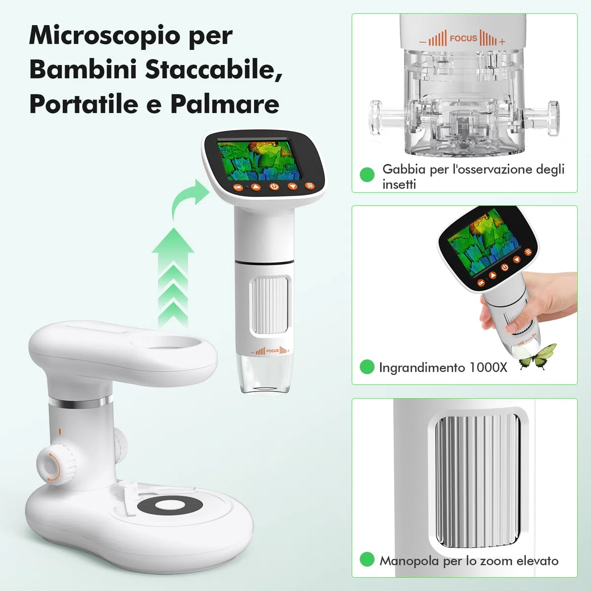 HOMEASY Microscopio Digitale per Bambini con HD Display 50X-1000X Ottica Regolabile e Doppia Luce LED Accessori Inclusi per Osservazione di Insetti Piante e Campioni 16GB SD Card Portable Educativo