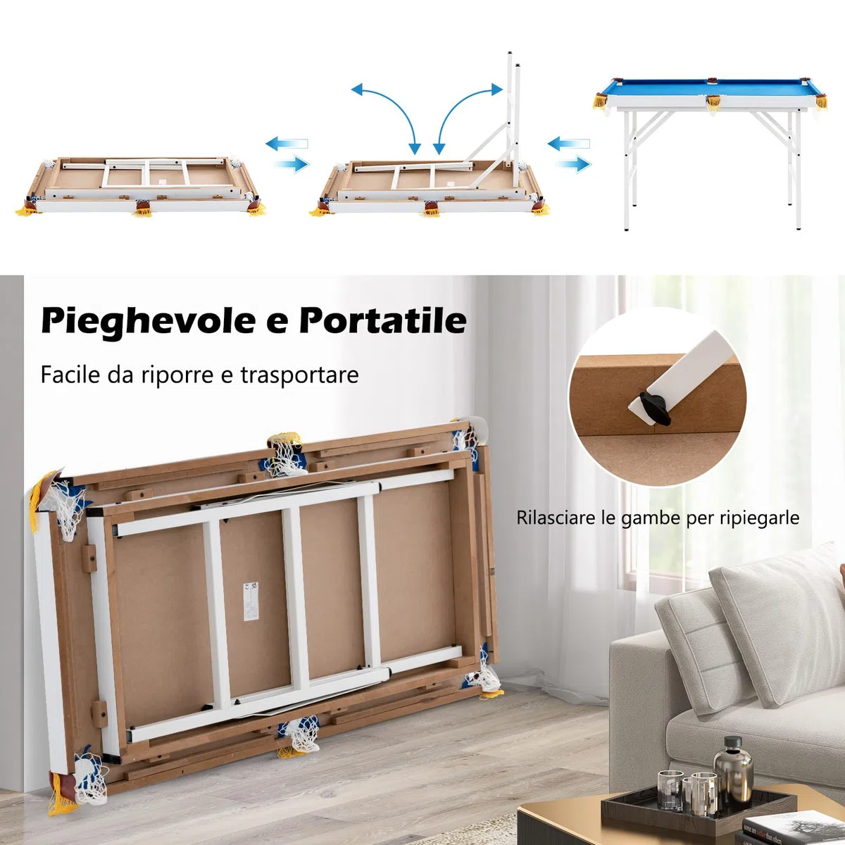 COSTWAY Tavolo da Biliardo Pieghevole, Mini Tavolo da Gioco Biliardo con Set di Accessori Stecche Palline Gessetti e Spazzola, Piedi Regolabili, per Sala Giochi bar Palestra, 122x64x78 cm
