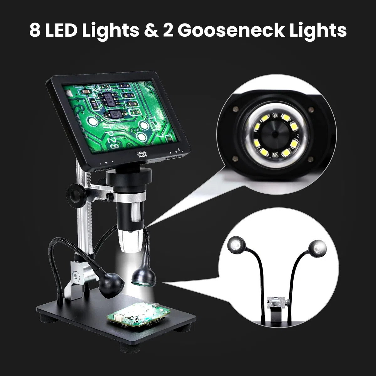 Matatastudio Microscopio digitale MT2 1200X HDMI con schermo IPS HD da 7'', Microscopio di saldatura con lente d'ingrandimento per monete 1080P per bambini e adulti, 10 luci LED, compatibile con