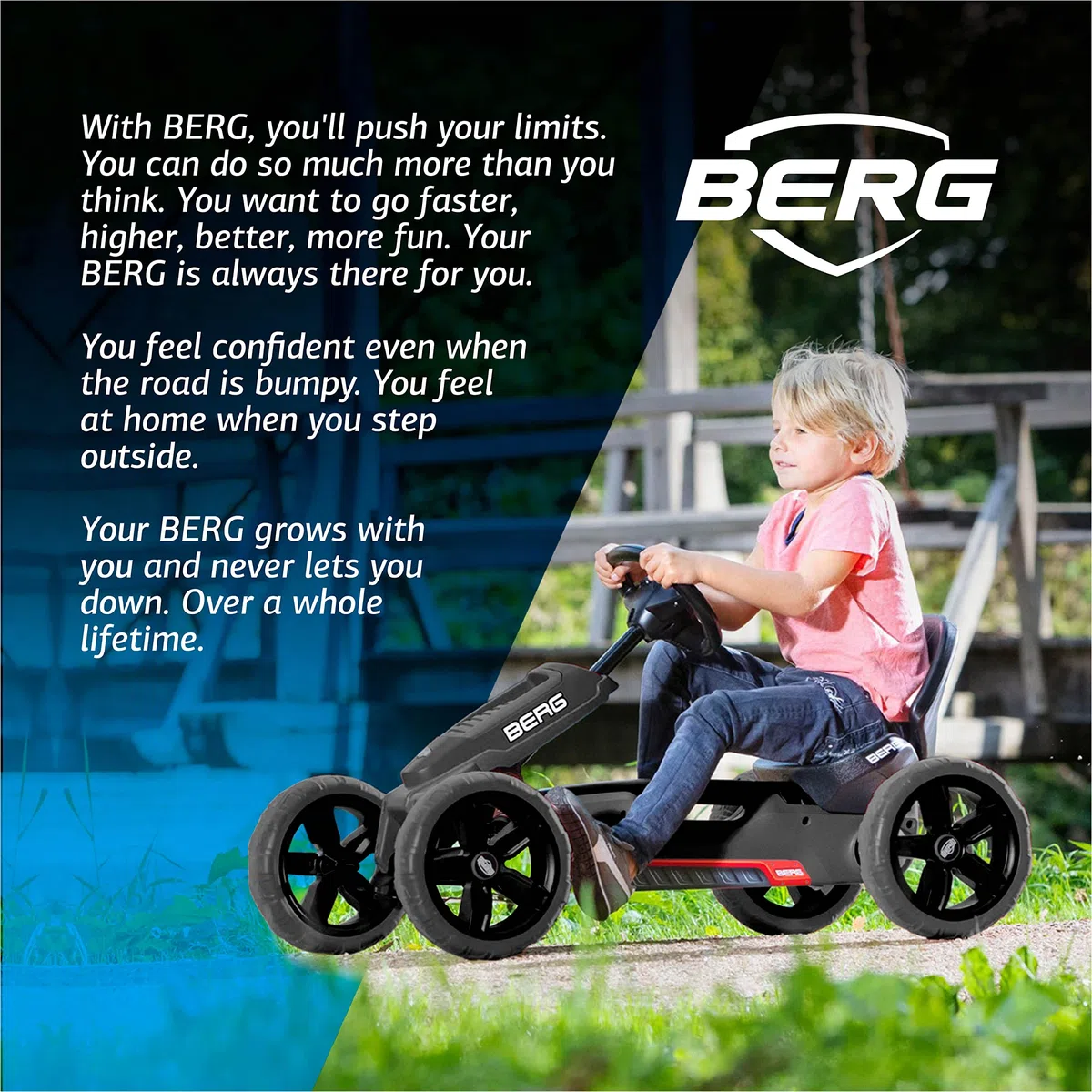 BERG Reppy Rebel Black Go-kart a pedali per bambini 2,5-6 anni Sedile regolabile Assale oscillante Ruote EVA anti-foratura Telaio leggero