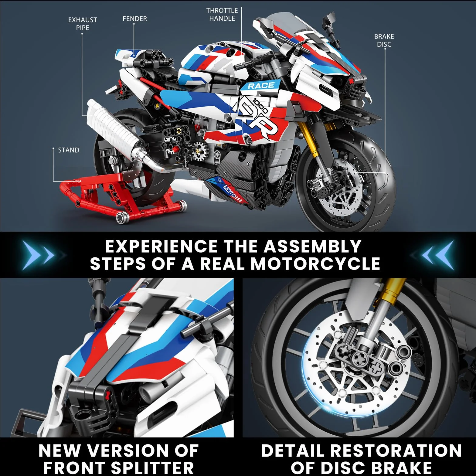 Reobrix Motorcycle 1000 RR Technic Set di Costruzione 1:8 949 Pezzi Modello Moto da Collezione con Supporto 14+
