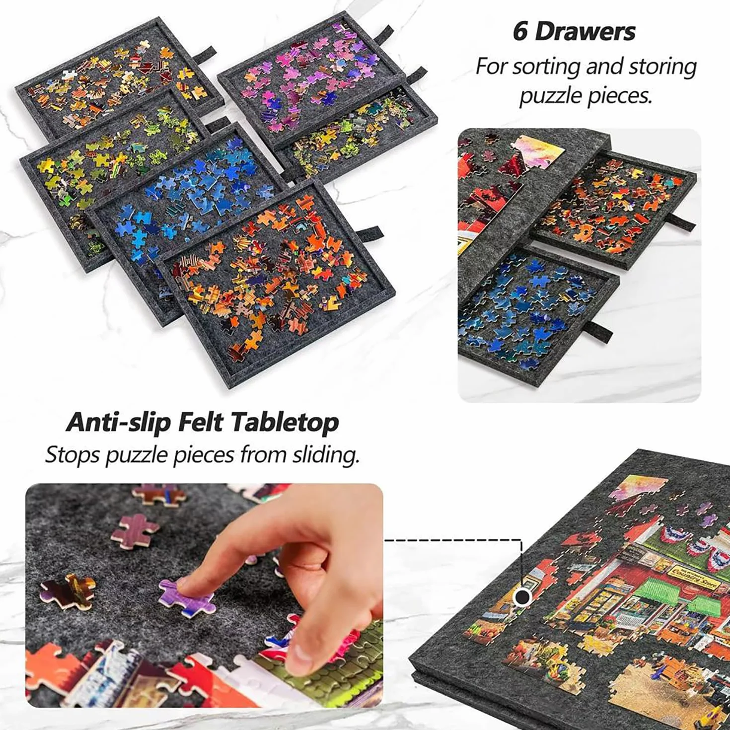 Tavolo per Puzzle，1000 Pezzi con Supporto e Copertura Progettati 2 in 1,Tavolo Inclinabile con 6 Cassetti,Tavolo Puzzle Portatile per Adulti,Leggero in Feltro Plateau,Grigio