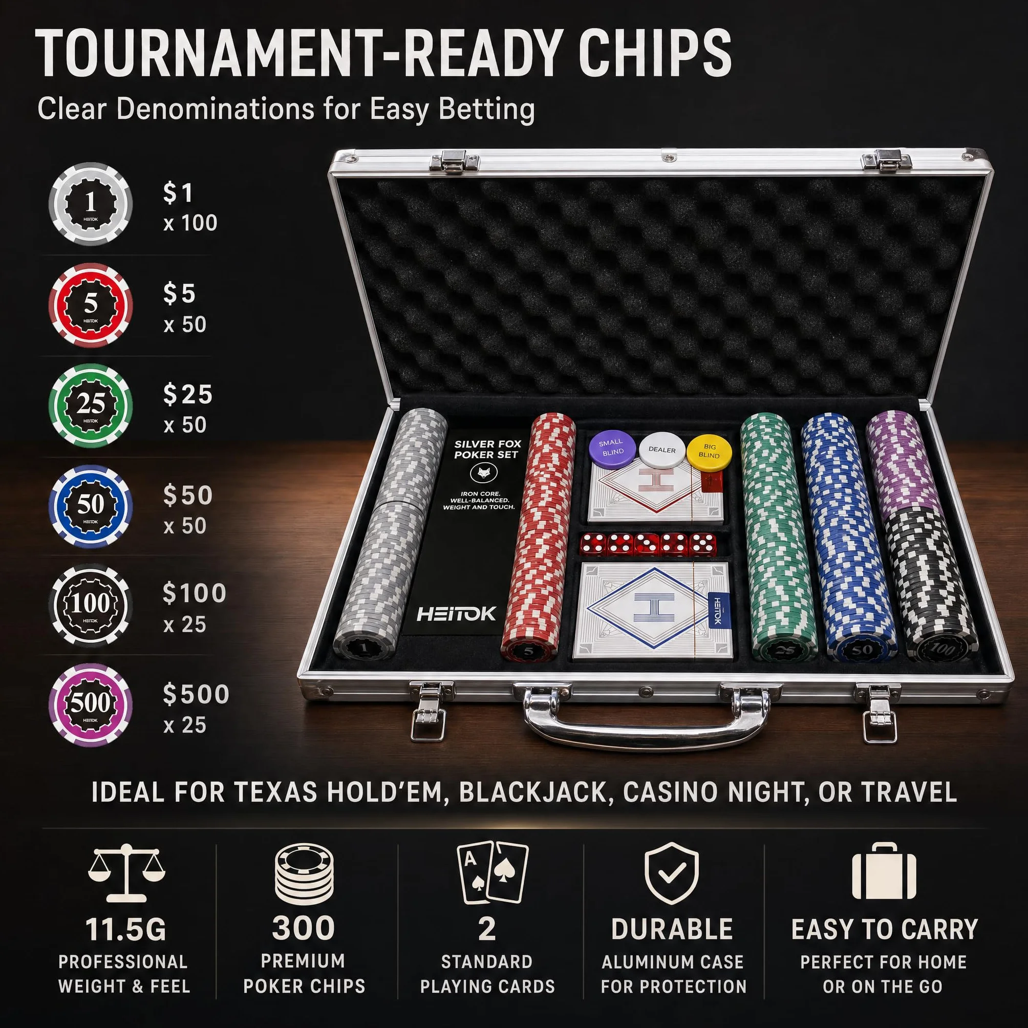 Set Poker 300 Fiches 11,5g Nucleo Metallo - Valigetta Alluminio per Texas Hold'em Professionale