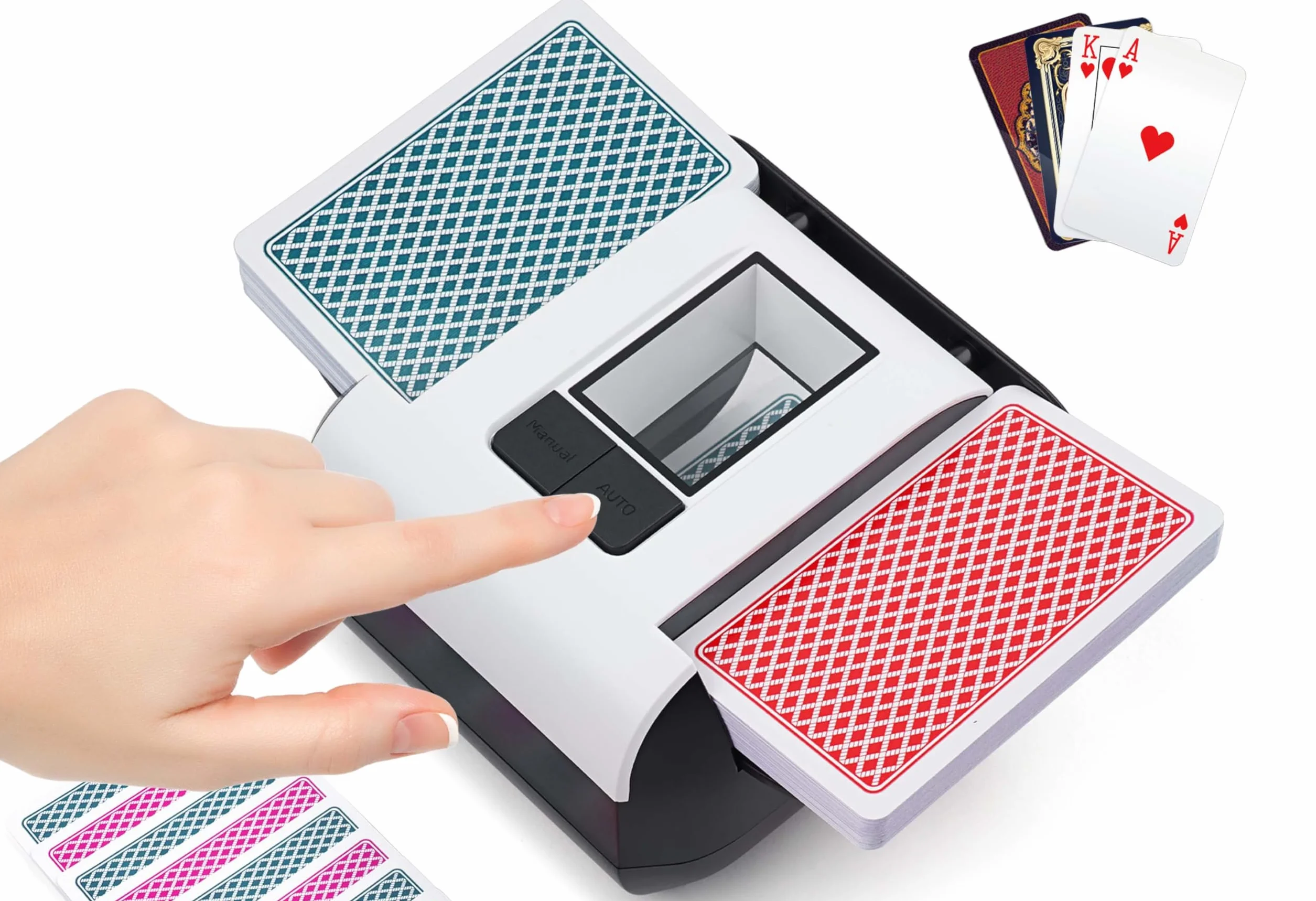 Mischia Carte Automatico, Mescolatore Carte da Gioco Elettrico per 1-2 Mazzi modalità Auto e Manuale Batteria Ricaricabile Basso Rumore per Poker Uno Skip-Bo Phase 10 Texas Hold'em Blackjack