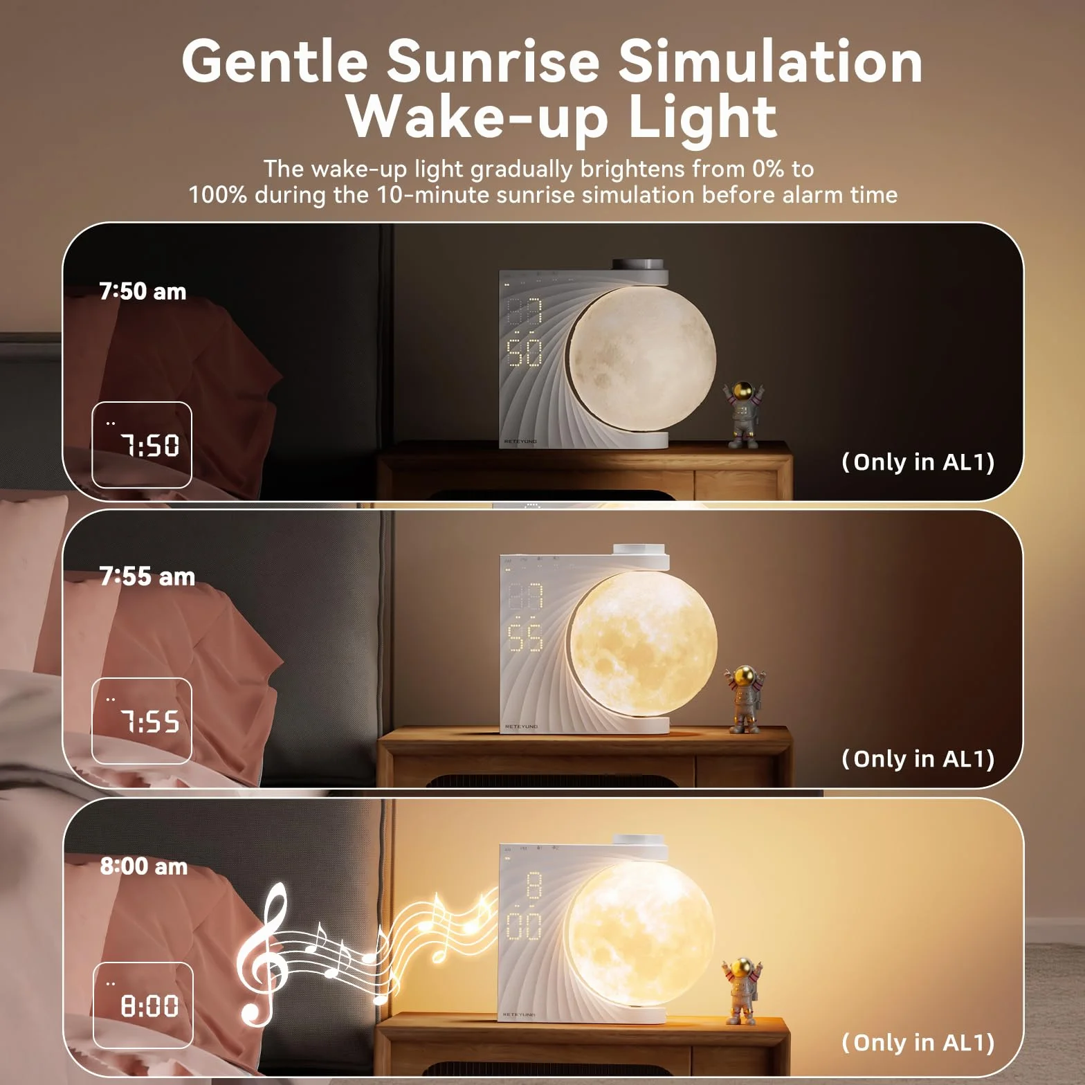 RETEYUNG Lampada Luna con Luce,2 Sveglie, Lunare RGB 8 Colori, Suoni Naturali, Wake Up Light, Lampada da Comodino a 3 Livelli di Luminosità Luce Notturna per Donne Ragazze Ragazzi (Rotazione manuale)