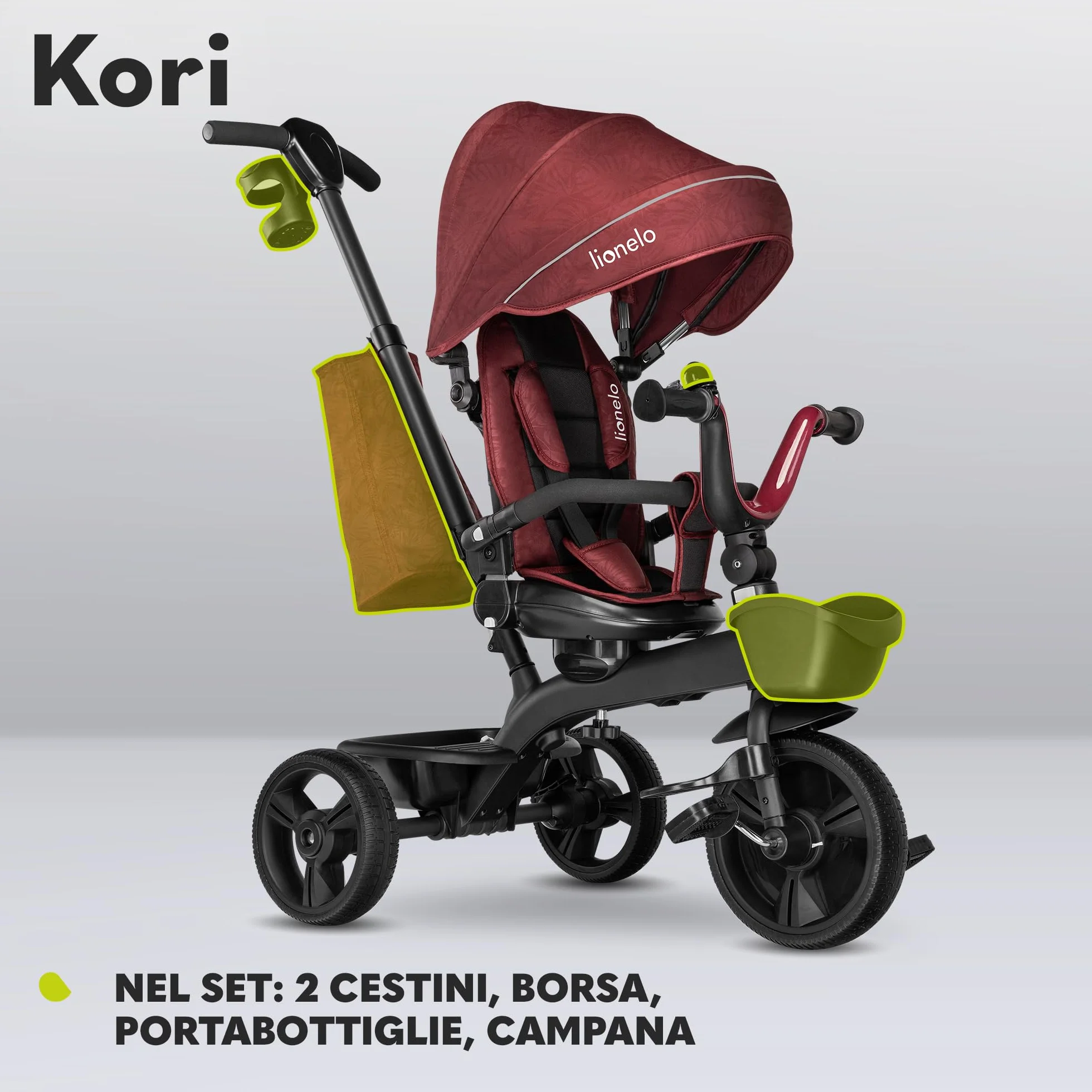 LIONELO Kori Triciclo Evolutivo per Bambini da 1.5 Anni fino a 25 kg Sedile Girevole 360° Telaio ultraleggero in lega di magnesio, Pneumatici resistenti, Maniglione per genitori e Accessori