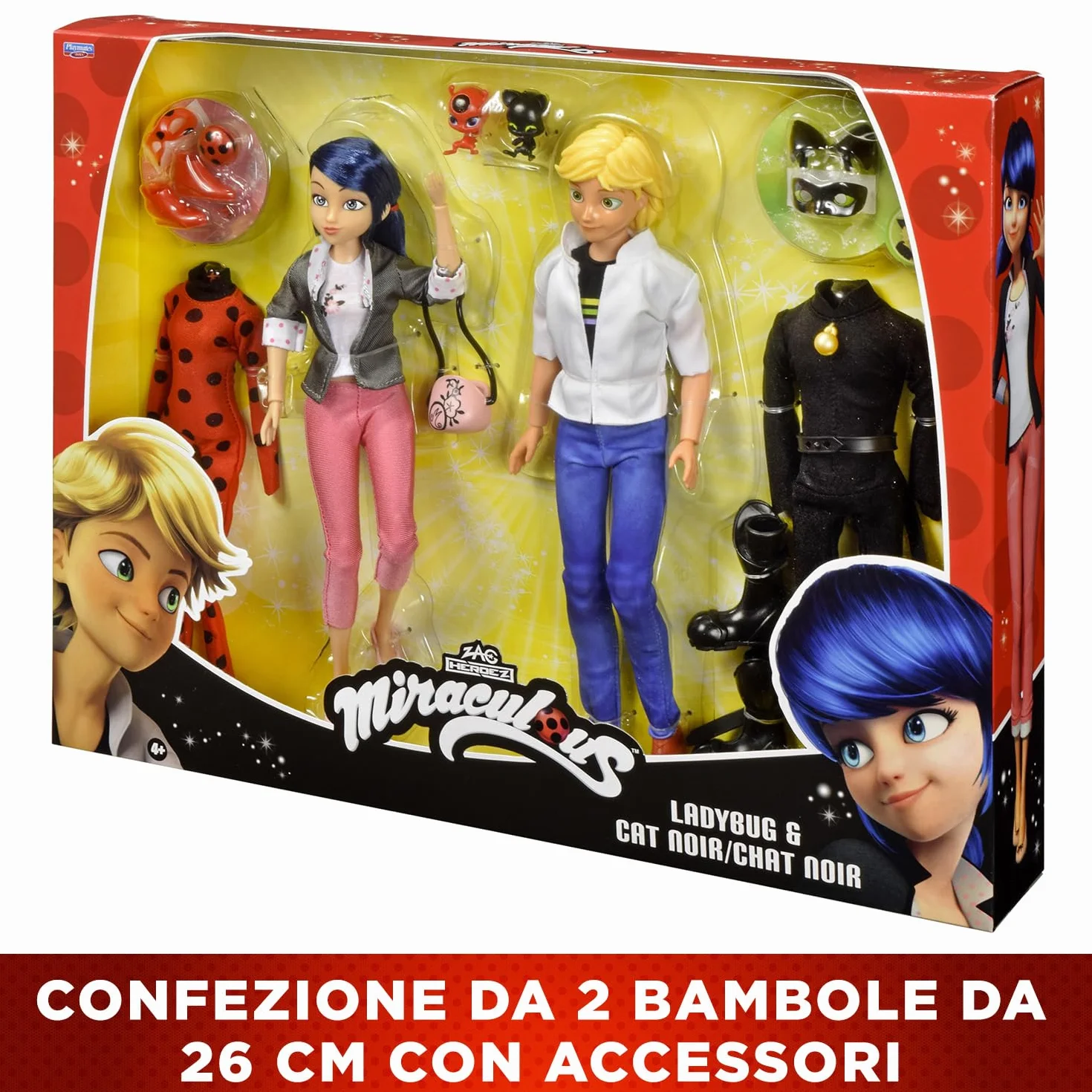 BANDAI – Miraculous – Confezione 2 bambole Marinette e Adrien con 2 abiti (Ladybug e Chat Noir) – Set regalo Miraculous 2 figure 26cm – Idea regalo per bambini – Giocattolo dai 4 anni in su – P50359