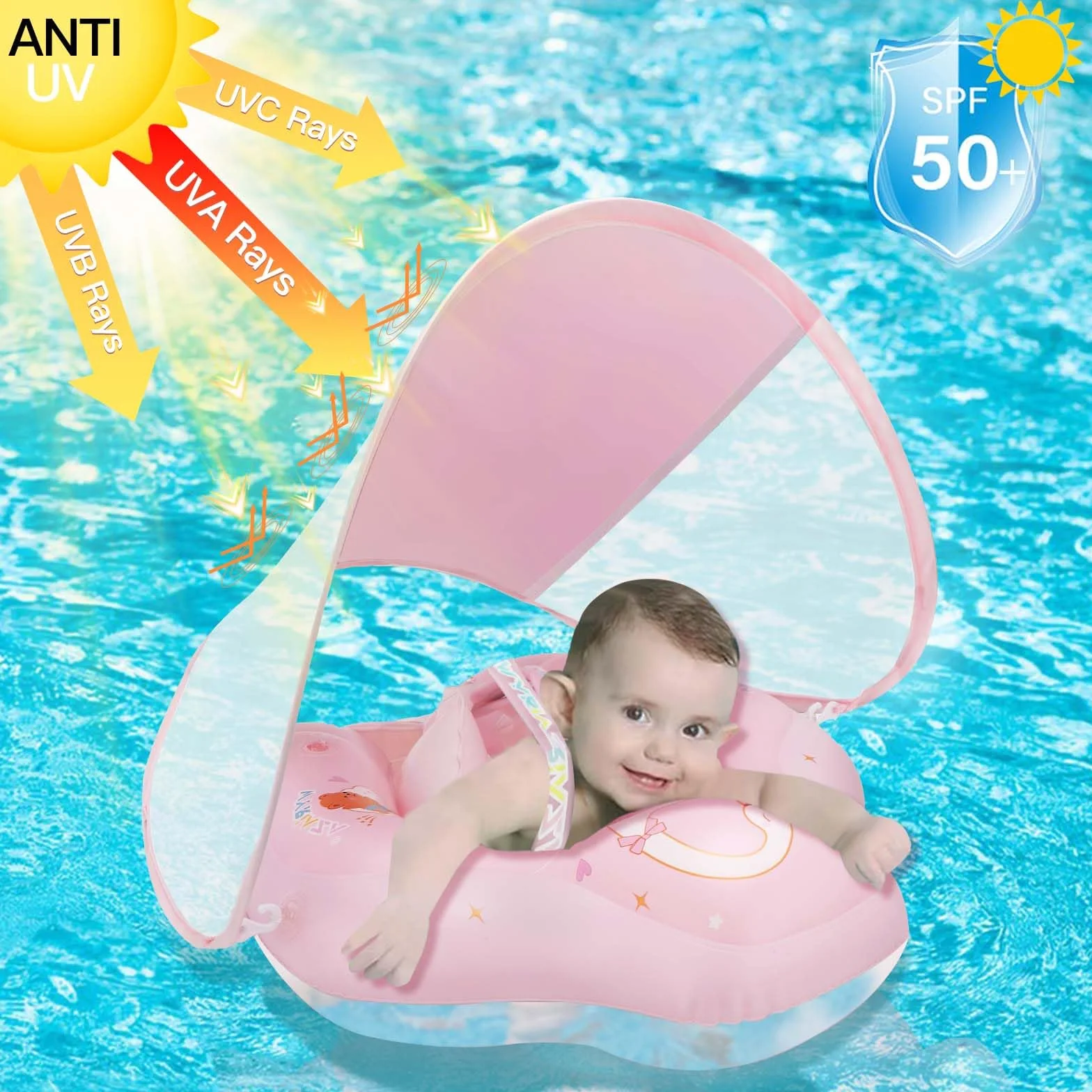 WYRIAZA Salvagente Neonato con Parasole, Adatto a Bambini dai 3 ai 36 Mesi (1-3 Anni), Ciambella Neonato mare con Protezione UV UPF 50+, Salvagente Bambino, Gonfiabile Mare