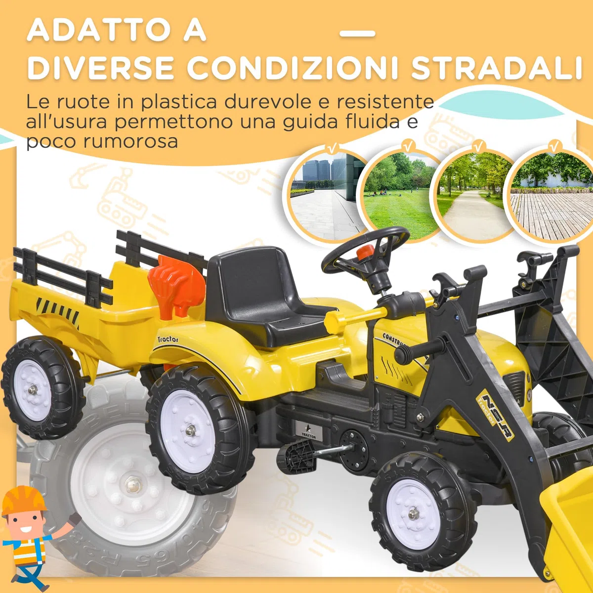 HOMCOM Escavatore Cavalcabile per Bambini da 3 Anni con Ruspa Frontale e Rimorchio Rimovibile, Trattore a Pedali per Bambini con 6 Ruote, Giallo
