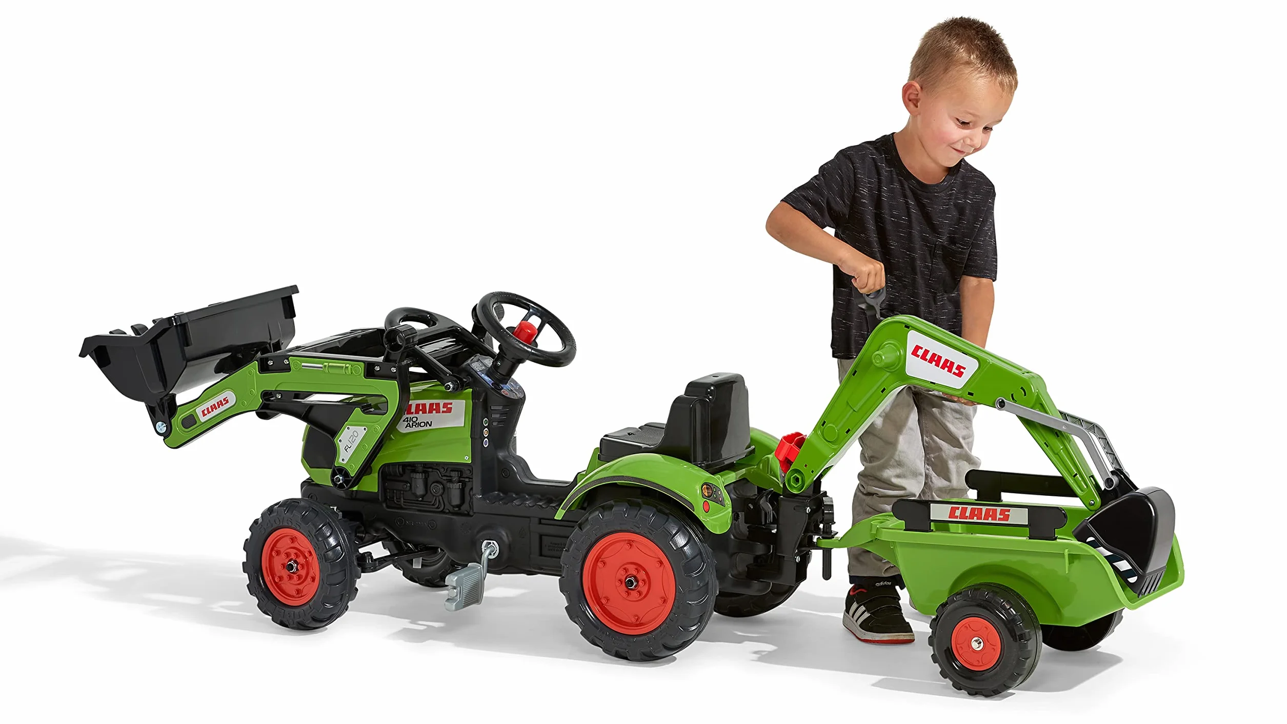 FALK Retroescavatore a pedali Claas con escavatore e rimorchio - Made in France - 2040N