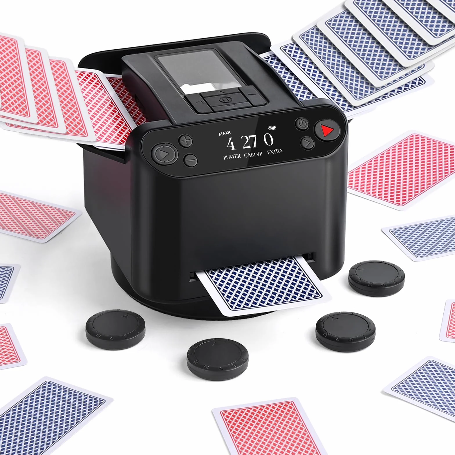 Mescolatore e Distributore Automatico di Carte – Rotazione 360° per 1–2 Mazzi, 2–12 Giocatori con 4 Telecomandi | Modalità di Gioco Integrate, Ricaricabile & Silenzioso per Poker, UNO, Phase 10 (Nero)