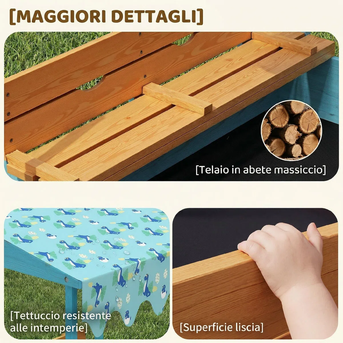 AIYAPLAY Sabbiera per Bambini 3-6 Anni con Tettuccio Dinosauri, Sedute Pieghevoli, Coperchio e Fodera Inclusa, Sabbionaia per Bambini in Legno di Abete, 134.5x127.5x130 cm, Blu