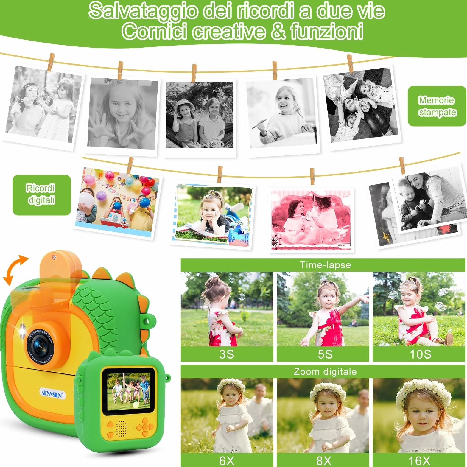 Macchina Fotografica Bambini Istantanea con obiettivo 180°Flip, ARNSSIEN 2,4" Fotocamera Istantanea per Bambini 1080P con 3 Rotoli di Carta da Stampa, Regalo per Bambino per Ragazze Ragazzi da 3-12,M2