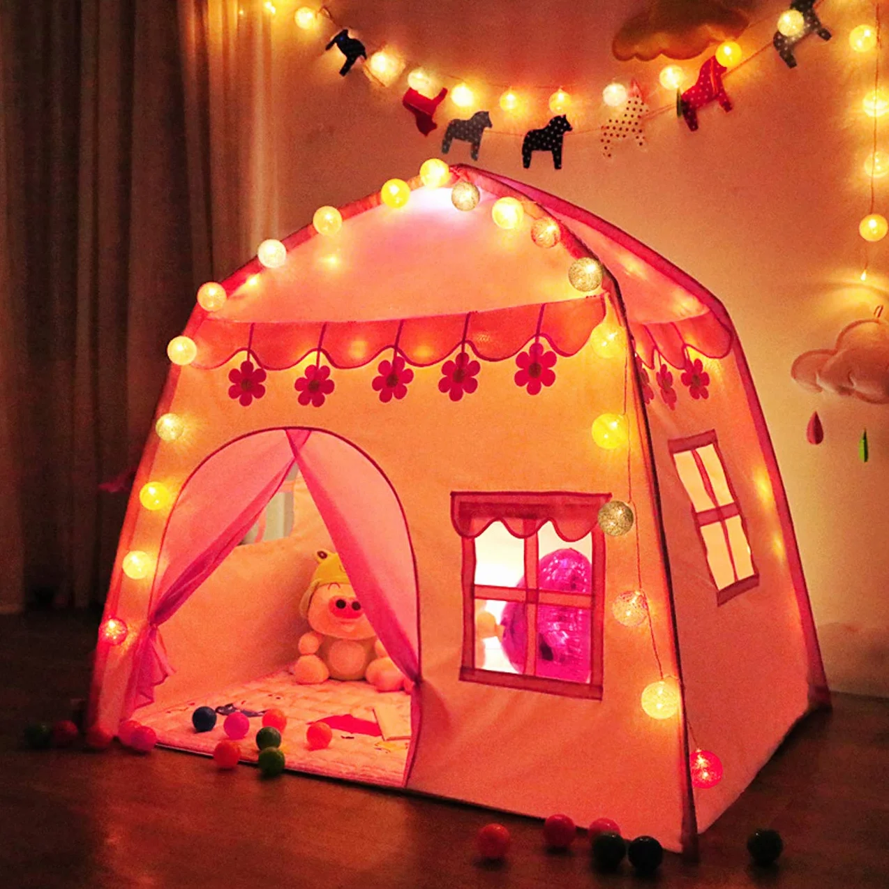 Tenda da gioco per bambini con luci a stella, rosa, per interni ed esterni