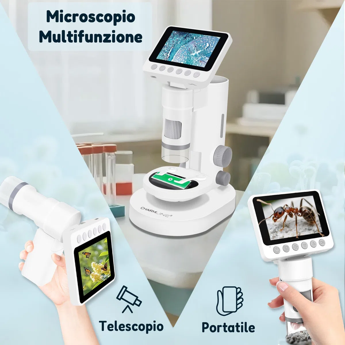 Microscopio 3 in 1 per Bambini, Microscopio Portatile Multifunzionale per Piccoli Esploratori, Ingrandimento 100X–1000X, con Scheda SD da 32 GB, Il Regalo Perfetto per Scoprire il Mondo Invisibile