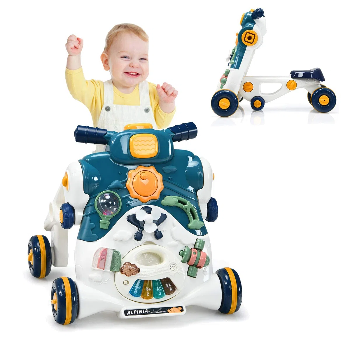 RELAX4LIFE 3 in 1 Primi Passi Spingibile, Scooter Cavalcabile con 4 Ruote Antiscivolo e Centro Attività con Giocattoli, Suoni, Tastiera Staccabile, 6-36Mesi(Blu)