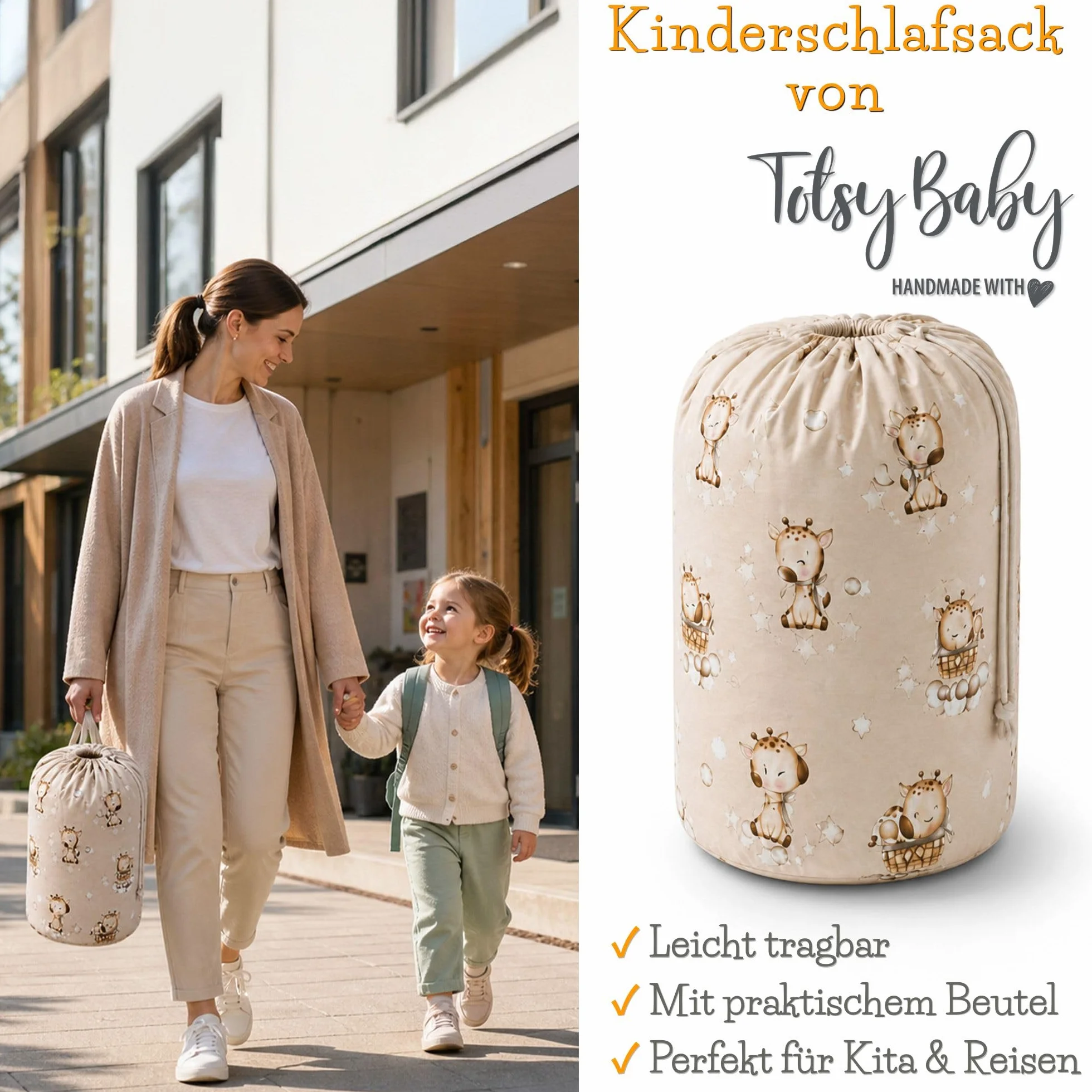 Sacco a pelo per bambini con cuscino e cerniera per bambini da 3 a 7 anni - 140 x 75 cm sacco a pelo per interni per asilo e scuola materna con coperta integrata Oeko-Tex Beige con stelle bianche