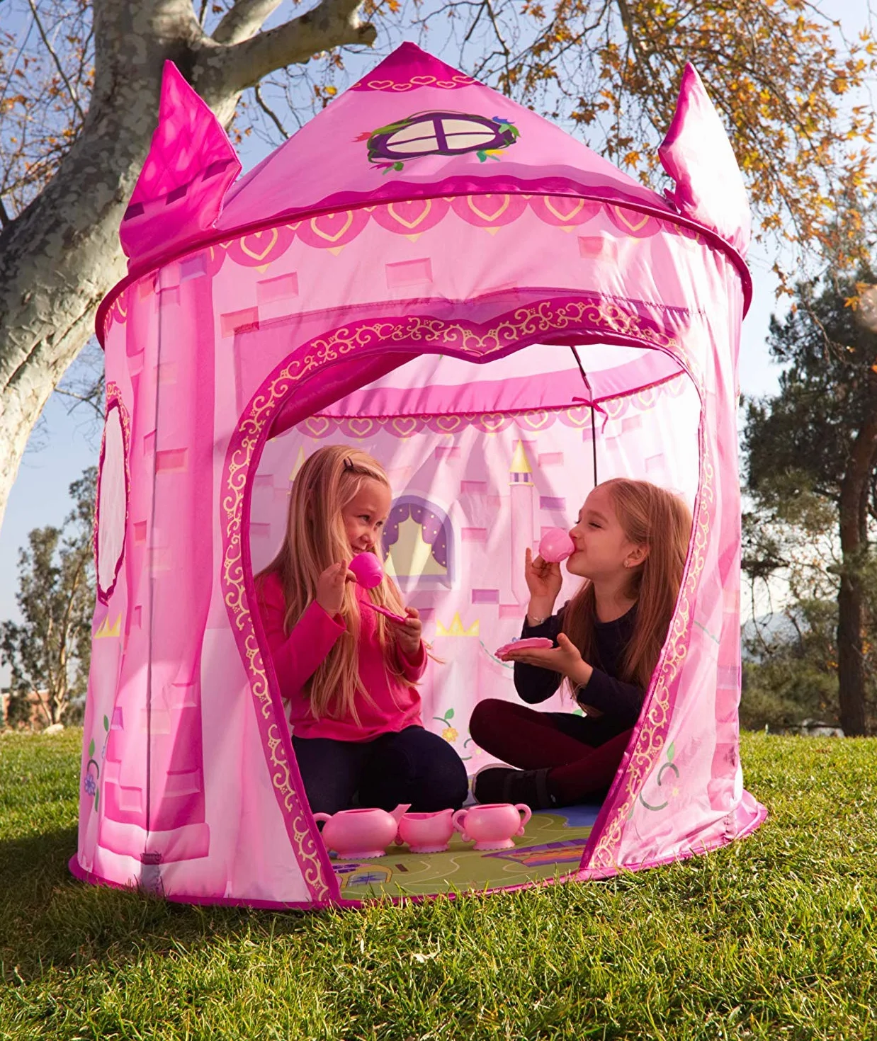 Tenda per bambini castello rosa da interno, pieghevole capanna da gioco