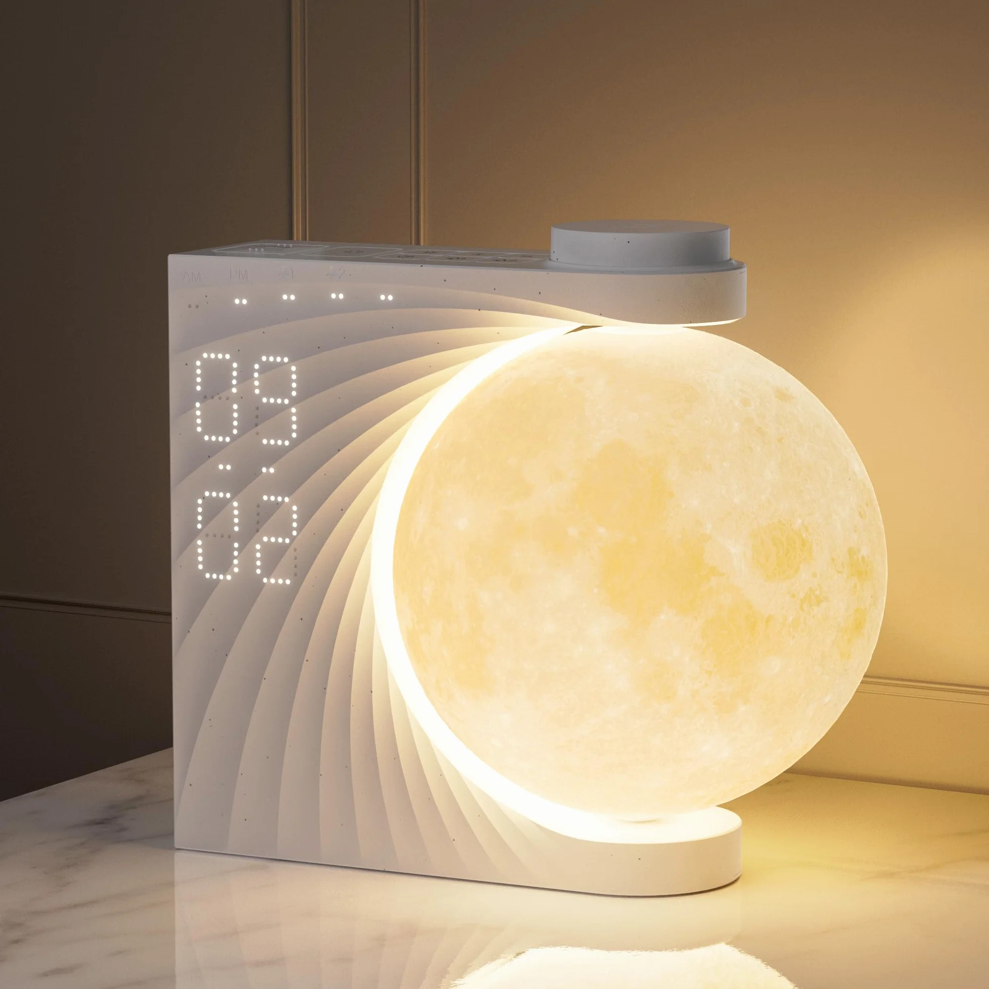 RETEYUNG Lampada Luna con Luce,2 Sveglie, Lunare RGB 8 Colori, Suoni Naturali, Wake Up Light, Lampada da Comodino a 3 Livelli di Luminosità Luce Notturna per Donne Ragazze Ragazzi (Rotazione manuale)