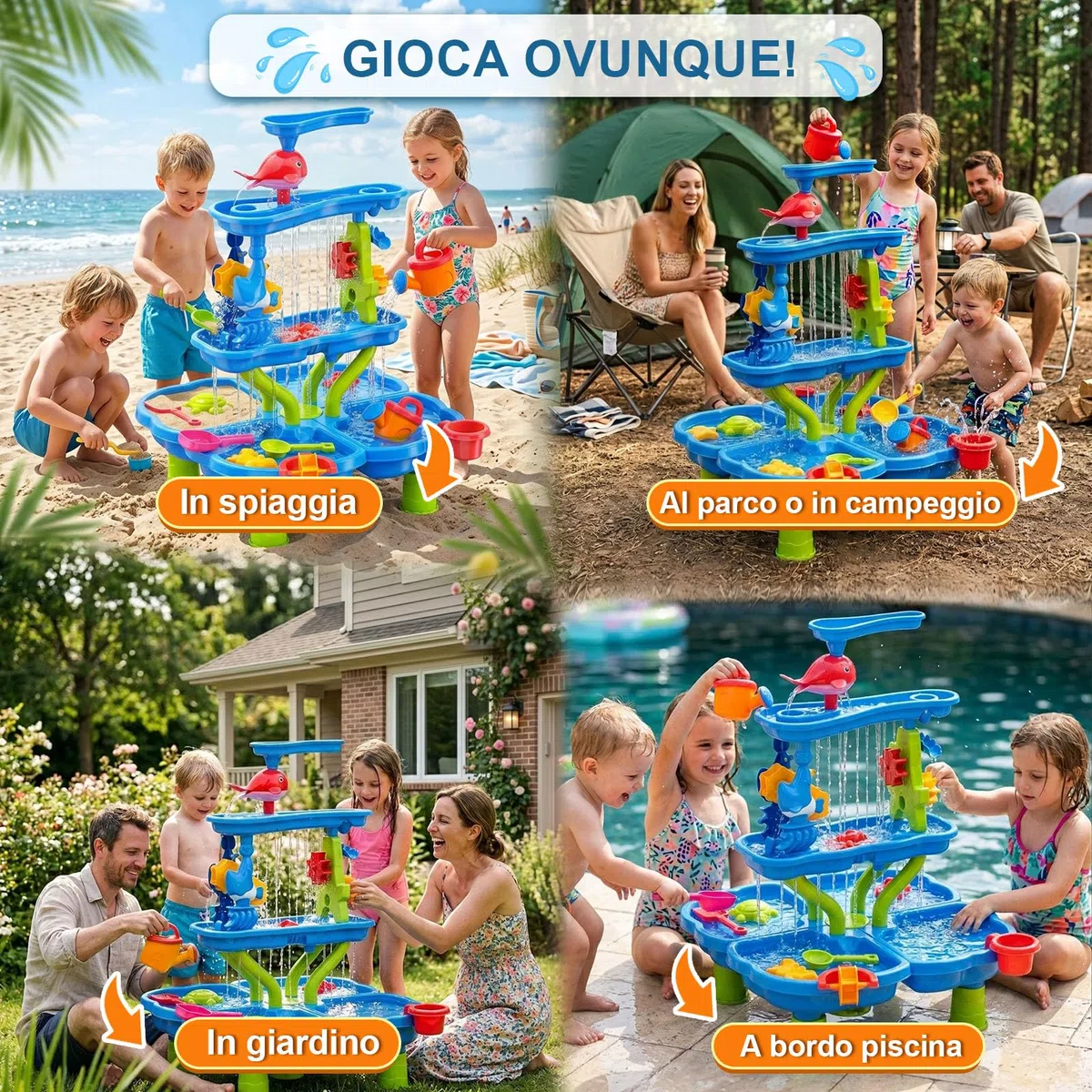 Tavolo Acqua Bambini, Tavolo Sabbia e Acqua a 4 Livelli con Accessori per Sabbiera, Grande Tavolo d’Acqua per Giardino, Spiaggia ed Estate, Giocattolo d’Acqua per Bambini dai 3 Anni