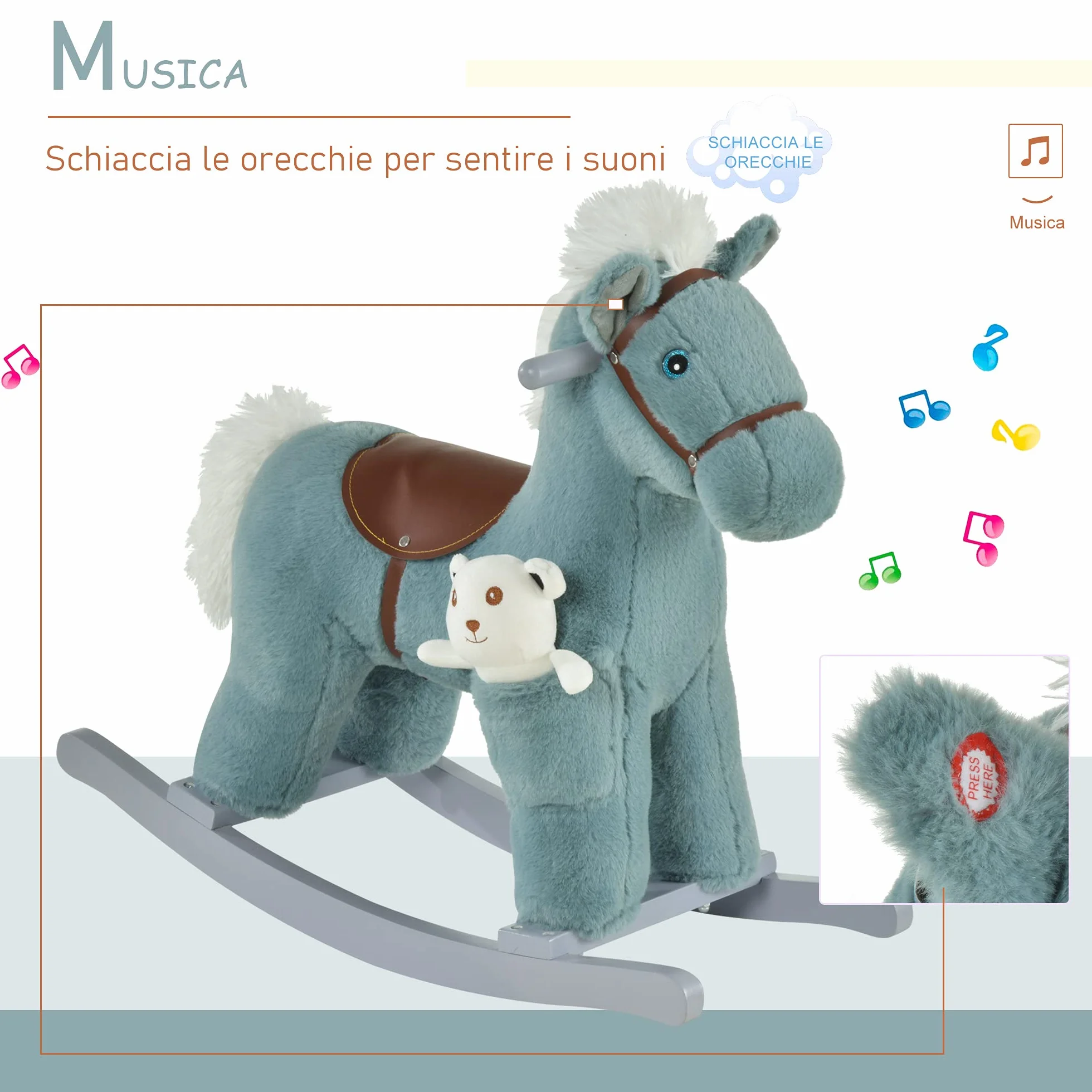 HOMCOM Cavallo a Dondolo per Bambini in Peluche e Legno con Suoni e Orsetto Incluso, per Bimbi da 18-36 Mesi, 65x26x55cm, Blu
