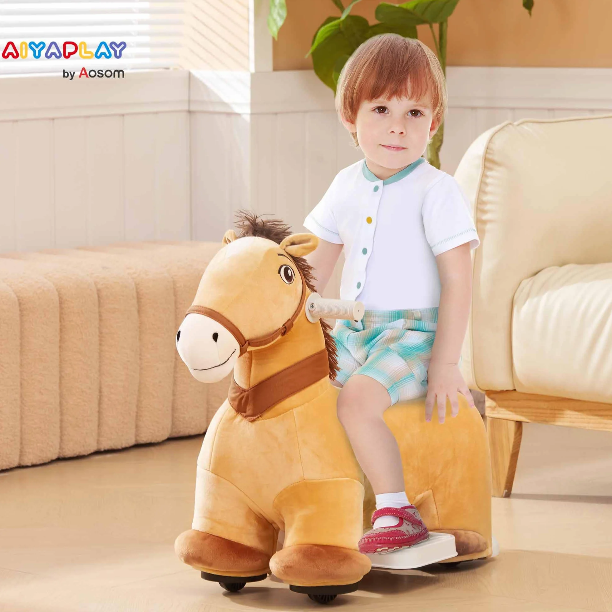 AIYAPLAY Cavallo a Dondolo Elettrico 6V per Bambini da 18-36 Mesi con Musica e Ruote, Cavalluccio a Dondolo Cavalcabile in Poliestere, 69x34x53cm, Marrone