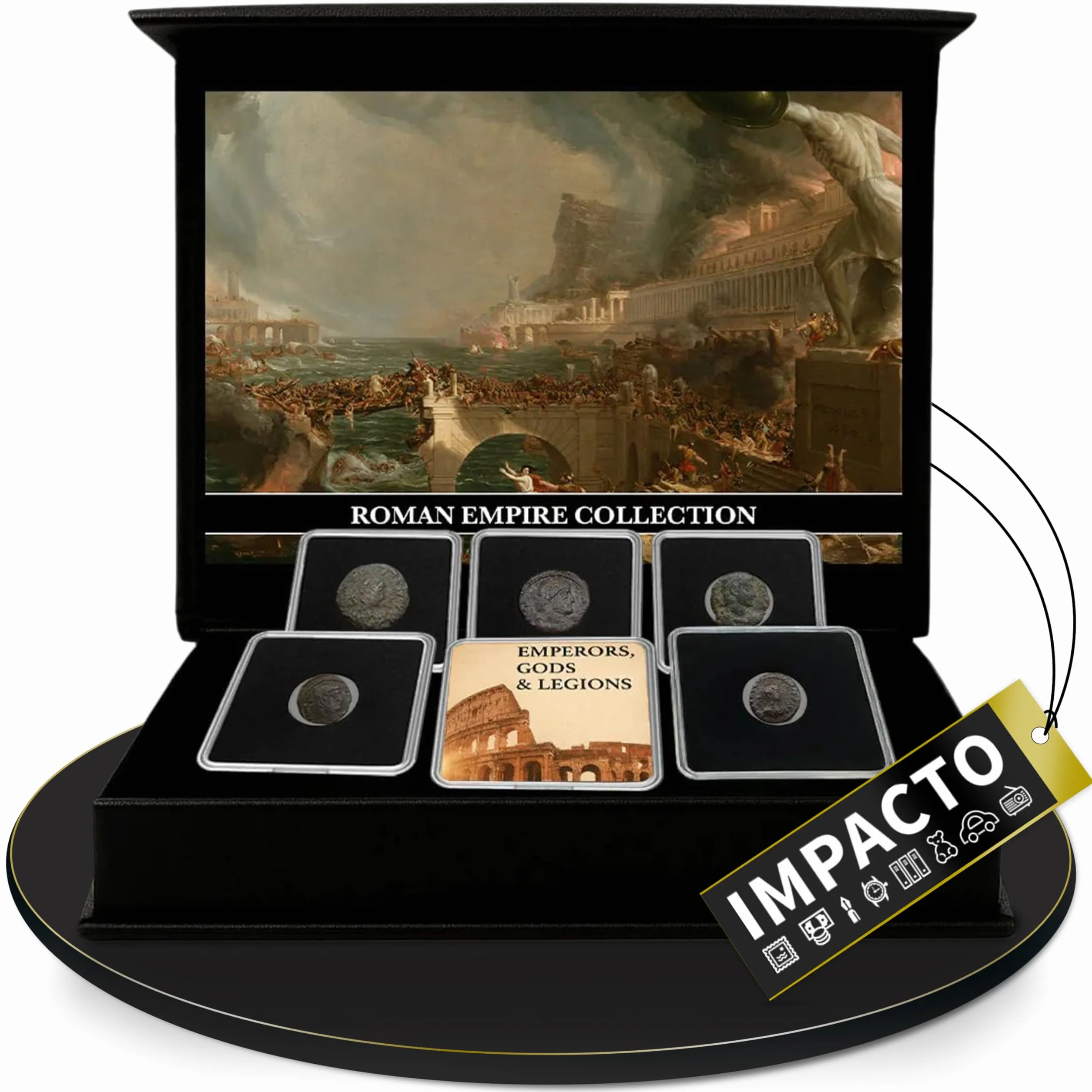 IMPACTO COLECCIONABLES | Edizione Scatola da Collezione di Monete Romane Autentiche Certificate, 5 Monete di Imperatori, Legioni e divinità incapsulate: la Storia dell’Impero nelle tue Mani