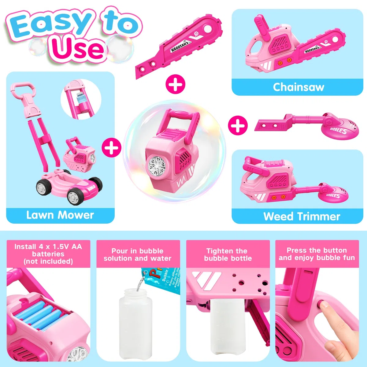 Tosaerba Spara Bolle per Bambini, Macchina per Bolle 3-in-1 con 10 Soluzioni, Giochi all'Aperto per Bambini 3-8 Anni, Regalo di Compleanno Pasqua Estate per Ragazzi e Ragazze 3 4 5 6 7 8 Anni