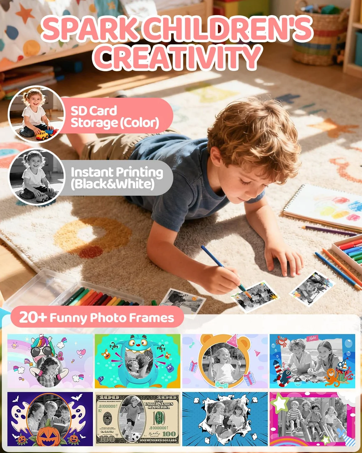 CalineGam Macchina Fotografica Bambini Istantanea, HD 1080P Macchina Fotografica Istantanea con Scheda da 32 GB e 3 Rotoli di Carta, Regalo di Natale per Ragazze Ragazzi dai 3 ai 14 Anni