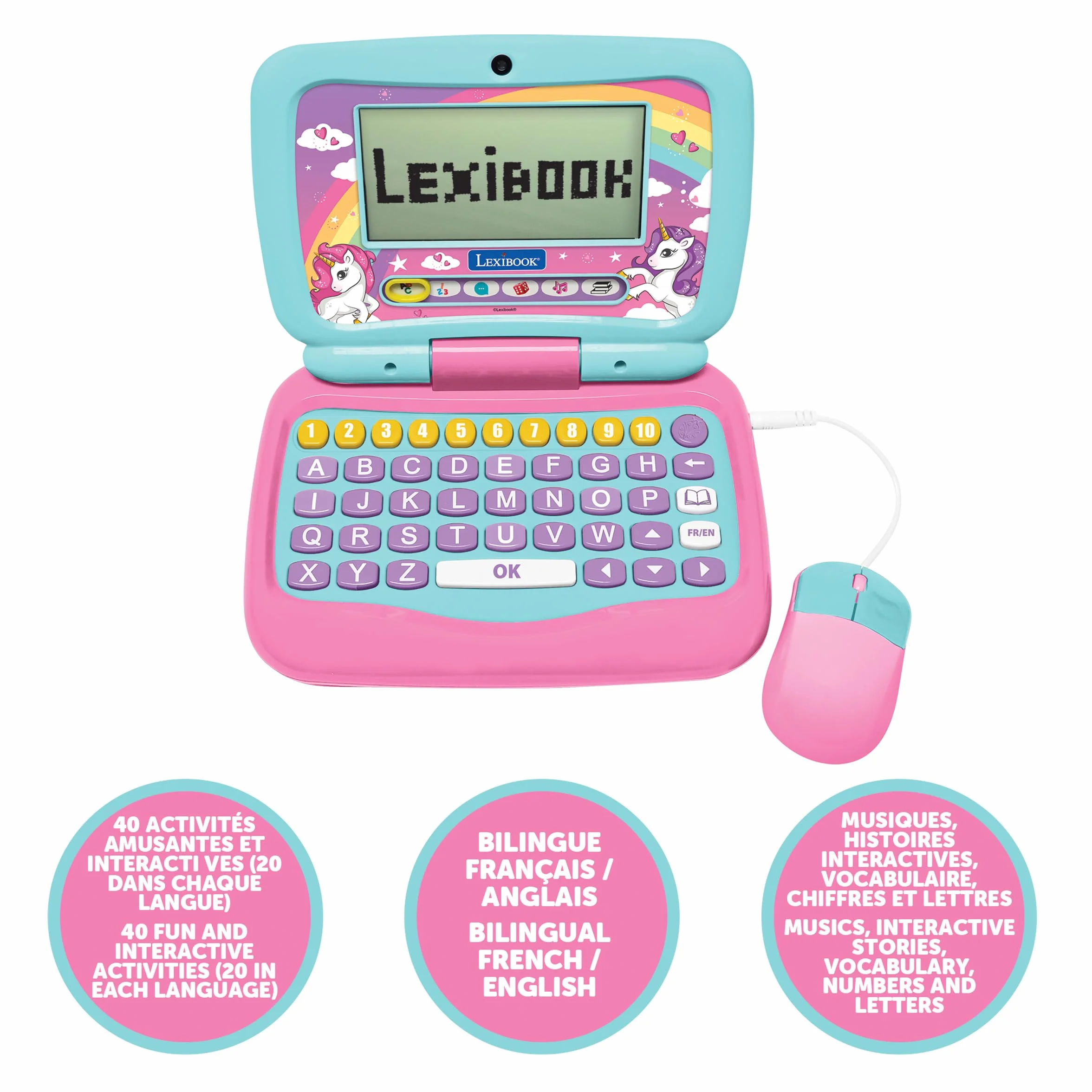 Lexibook, Unicorno, Computer Portatile educativo bilingue Francese/Inglese con 40 attività di Cui Un Nuovo Modo per Imparare a Leggere e contare, JC398UNIi1