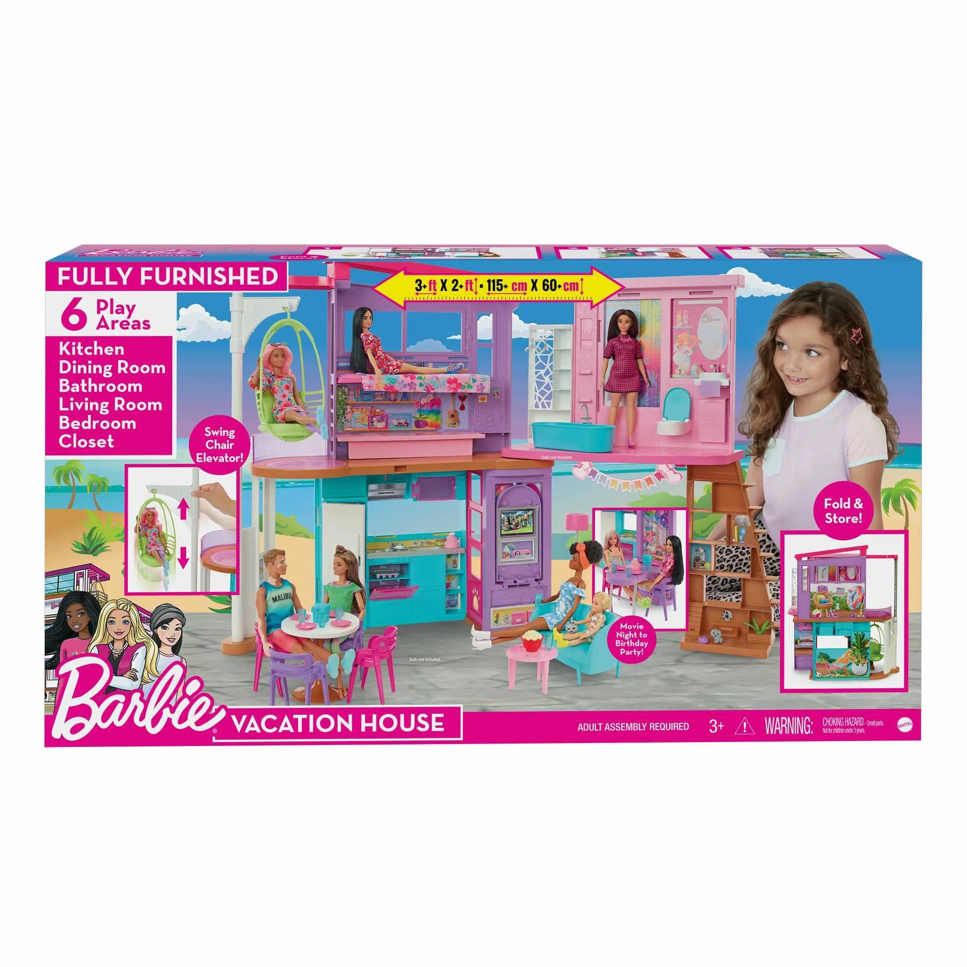 Barbie - Casa di Malibu (106 cm) playset casa delle bambole con 2 piani, 6 stanze, ascensore altalena e più di 30 pezzi, Giocattolo per Bambini 3+ Anni, HCD50